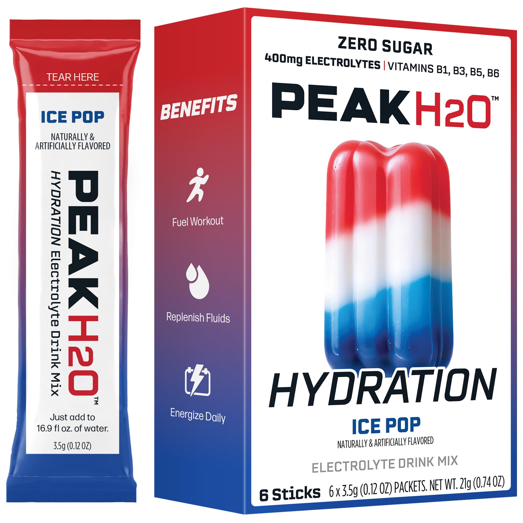 Juicy Mixes PeakH2O poudre électrolytes goût glacé fruité, hydratation pratique.