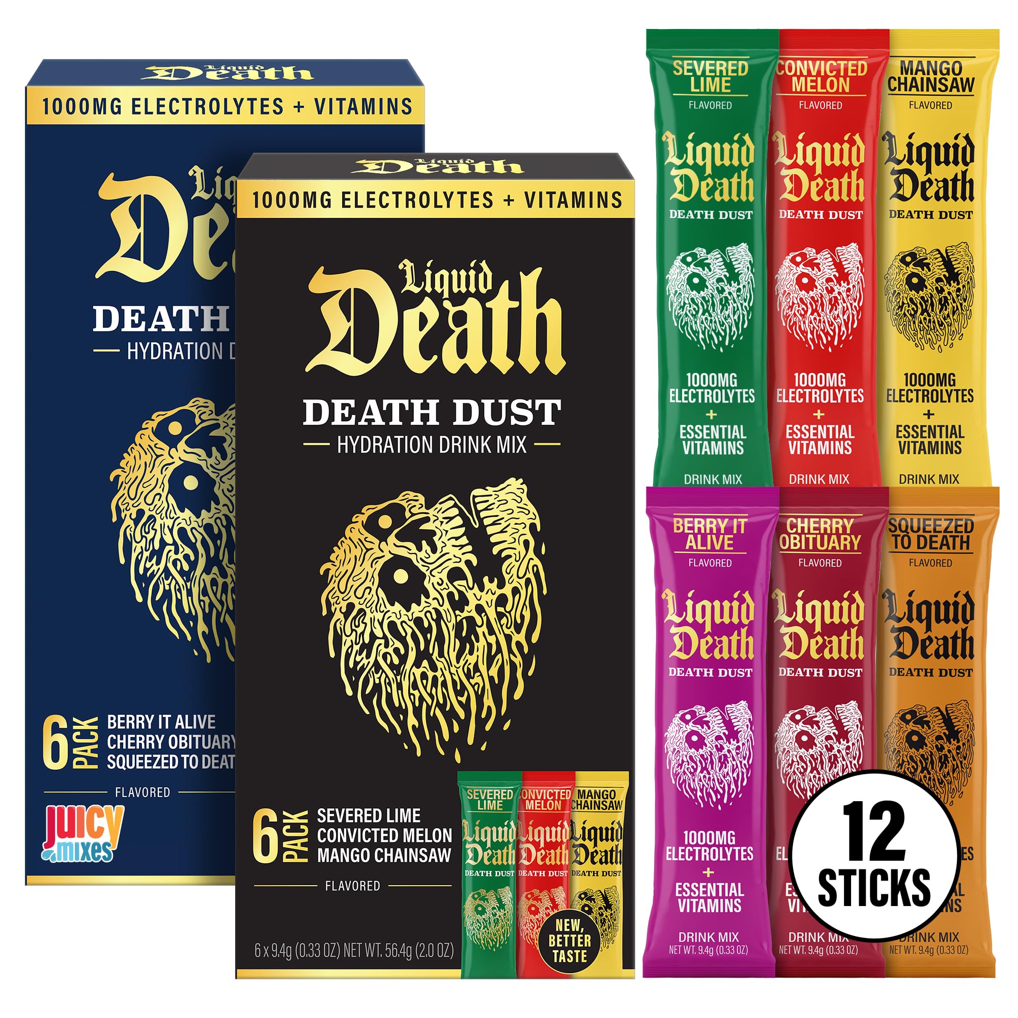 Juicy Mixes Death Dust, pack montrant des sticks faciles à doser pour une hydratation rapide.
