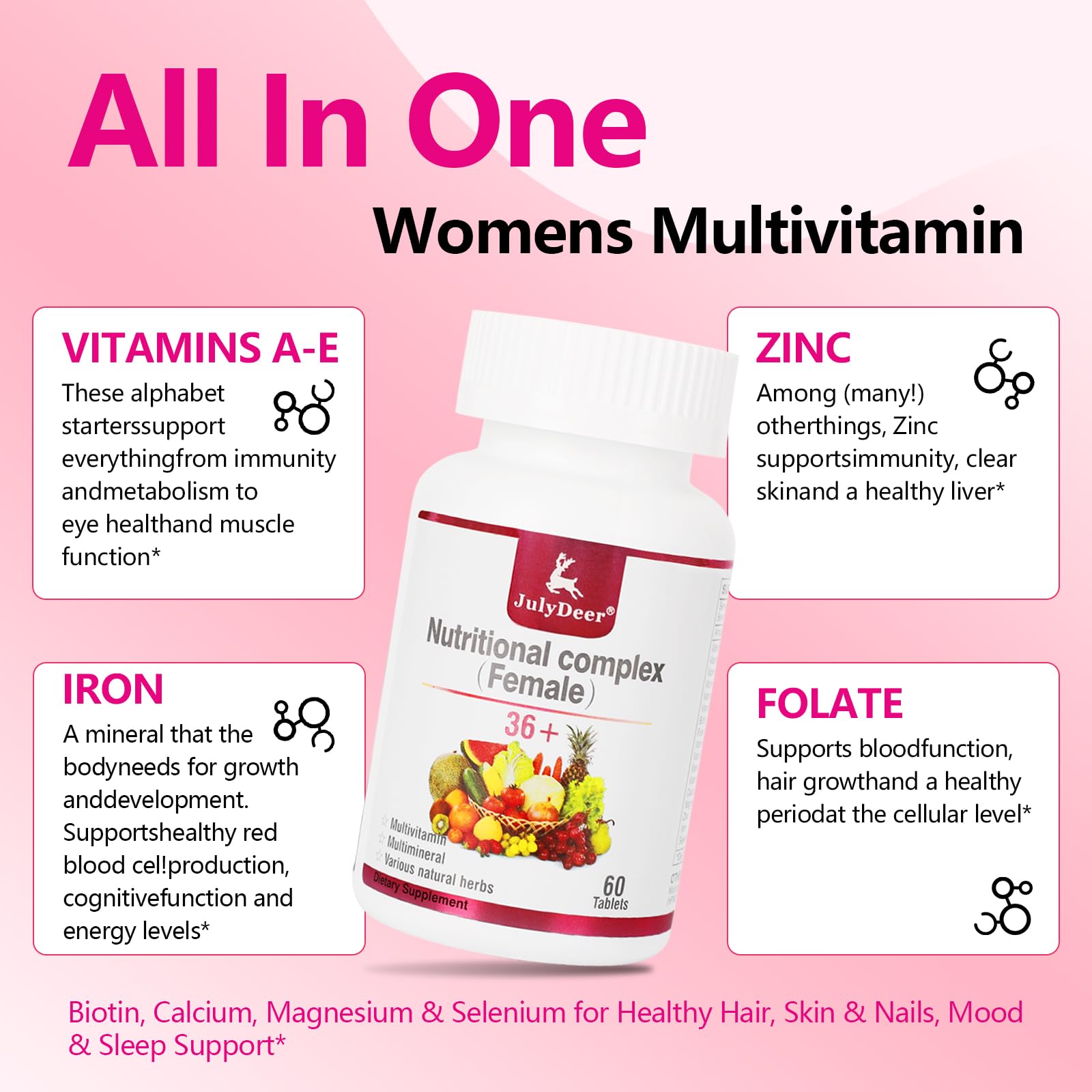 JulyDeer One Daily Multivitamin – biotine pour cheveux fort et peau radieuse