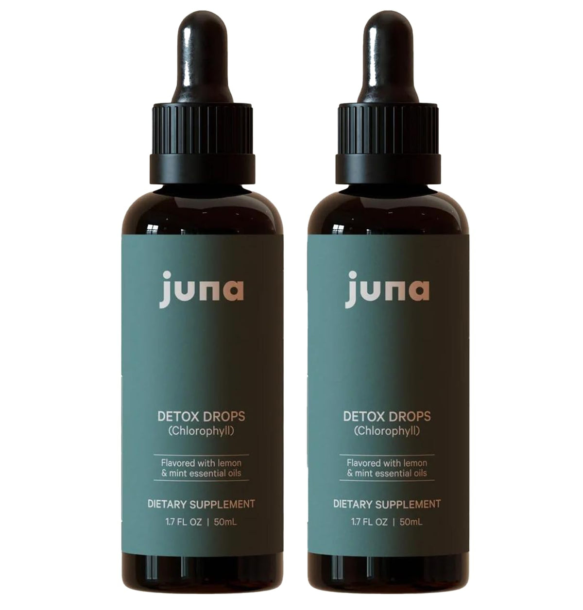 Gouttes Juna chlorophylle dans une bouteille fraîche et lumineuse.