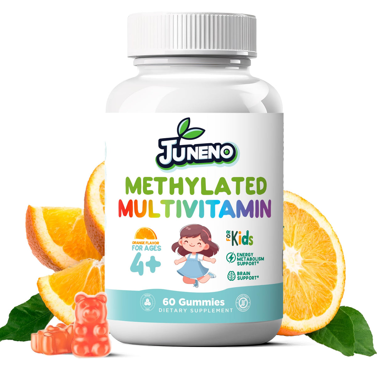 Juneno Gummies en bouteille pour enfants affichant la formule méthylée.
