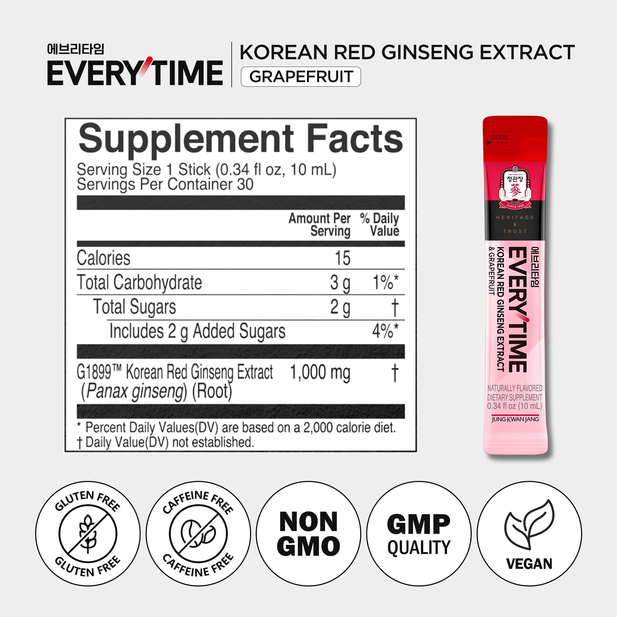 Produit vegan sans caféine Jung Kwan Jang Everytime: convient au régime vegan.