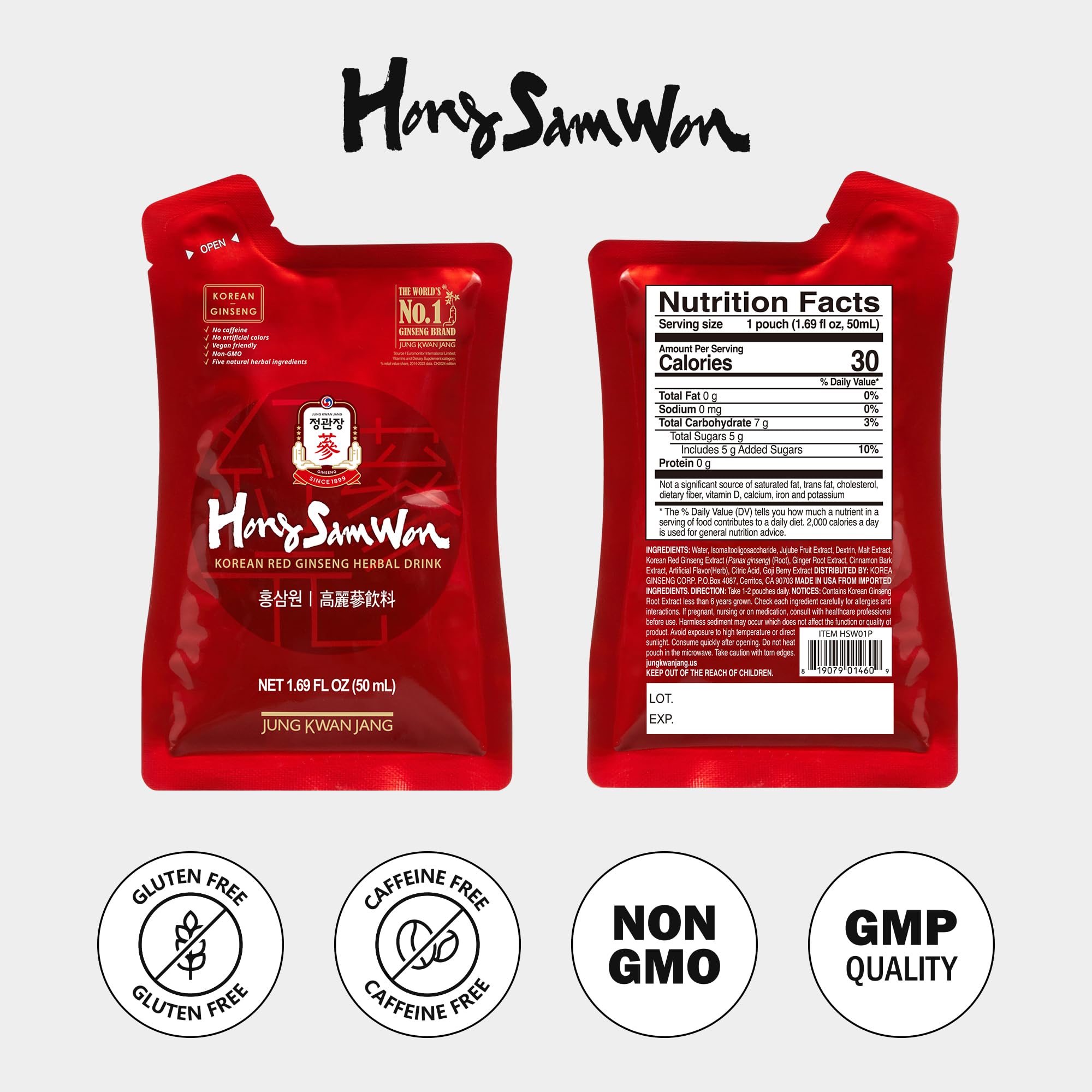 Hong Sam Won, boîte de 7 bouteilles, pratique et végan compatible.