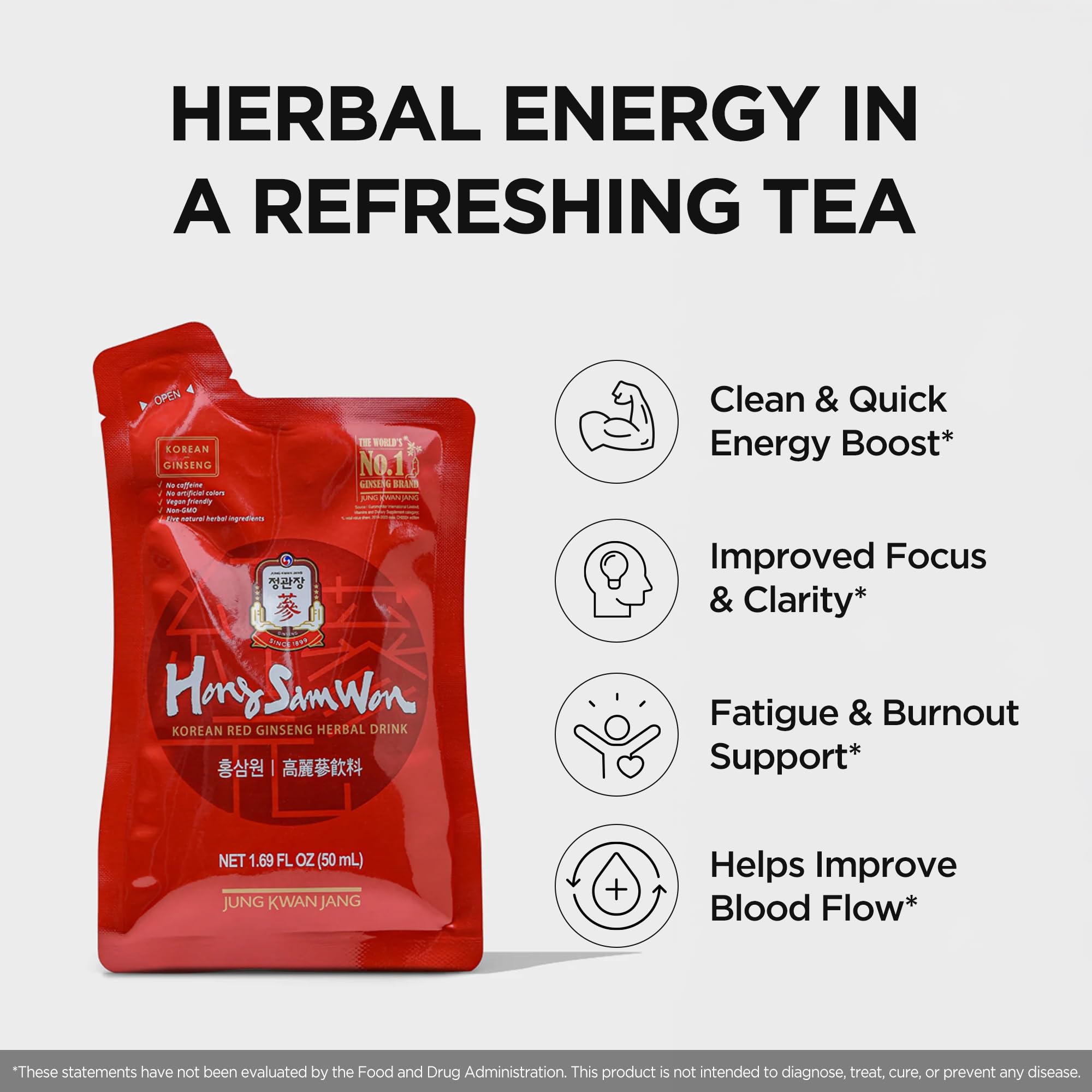 Hong Sam Won—ingrédients naturels avec ginseng pour énergie et clarté.