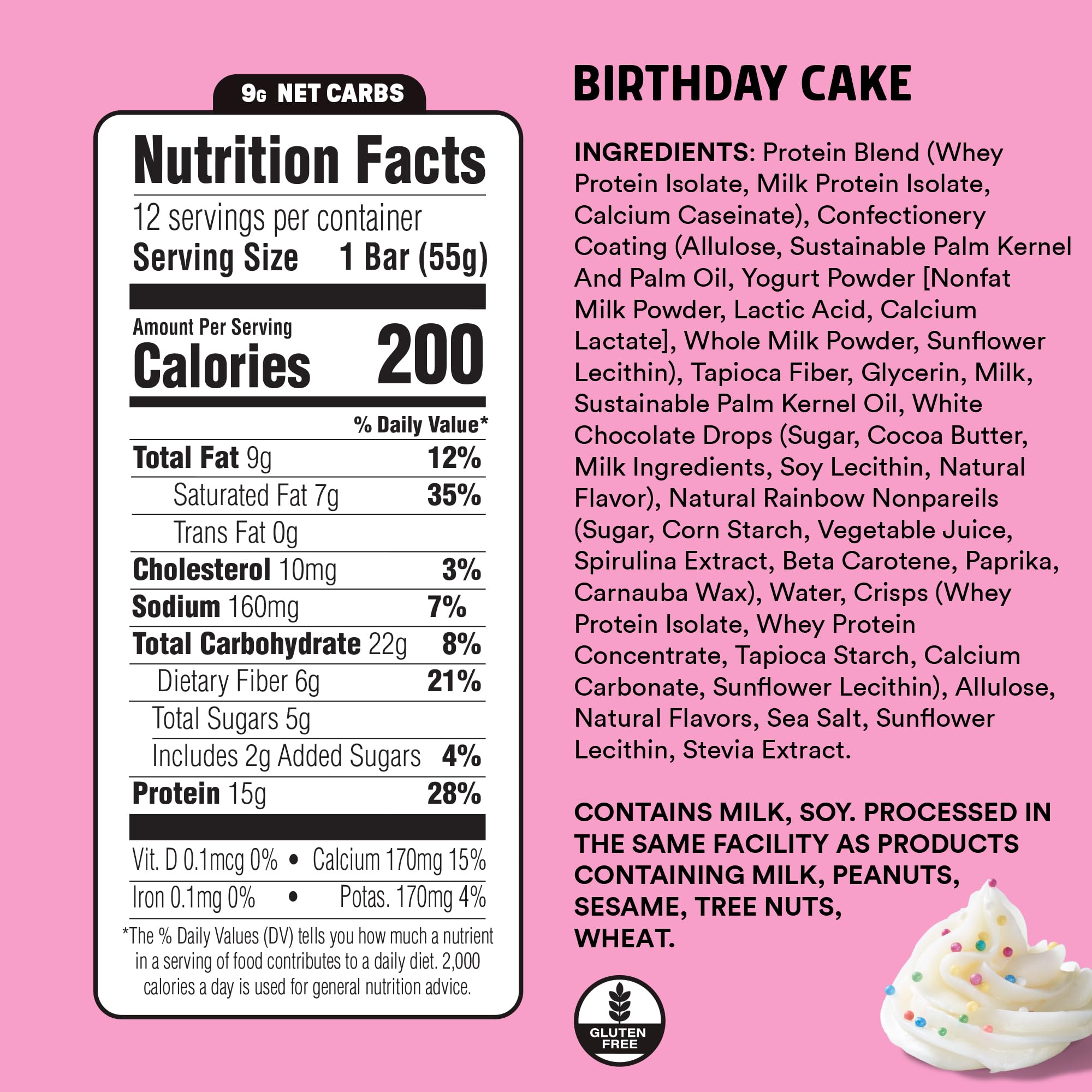 Étiquette Junkless gateau anniversaire, emballage compact pour snack rapide en déplacement.