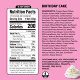 Étiquette Junkless gateau anniversaire, emballage compact pour snack rapide en déplacement.