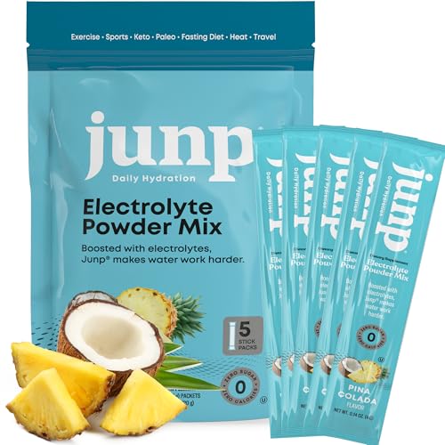 Sachets JUNP Électrolytes Pina Colada pour hydratation rapide sans sucre.