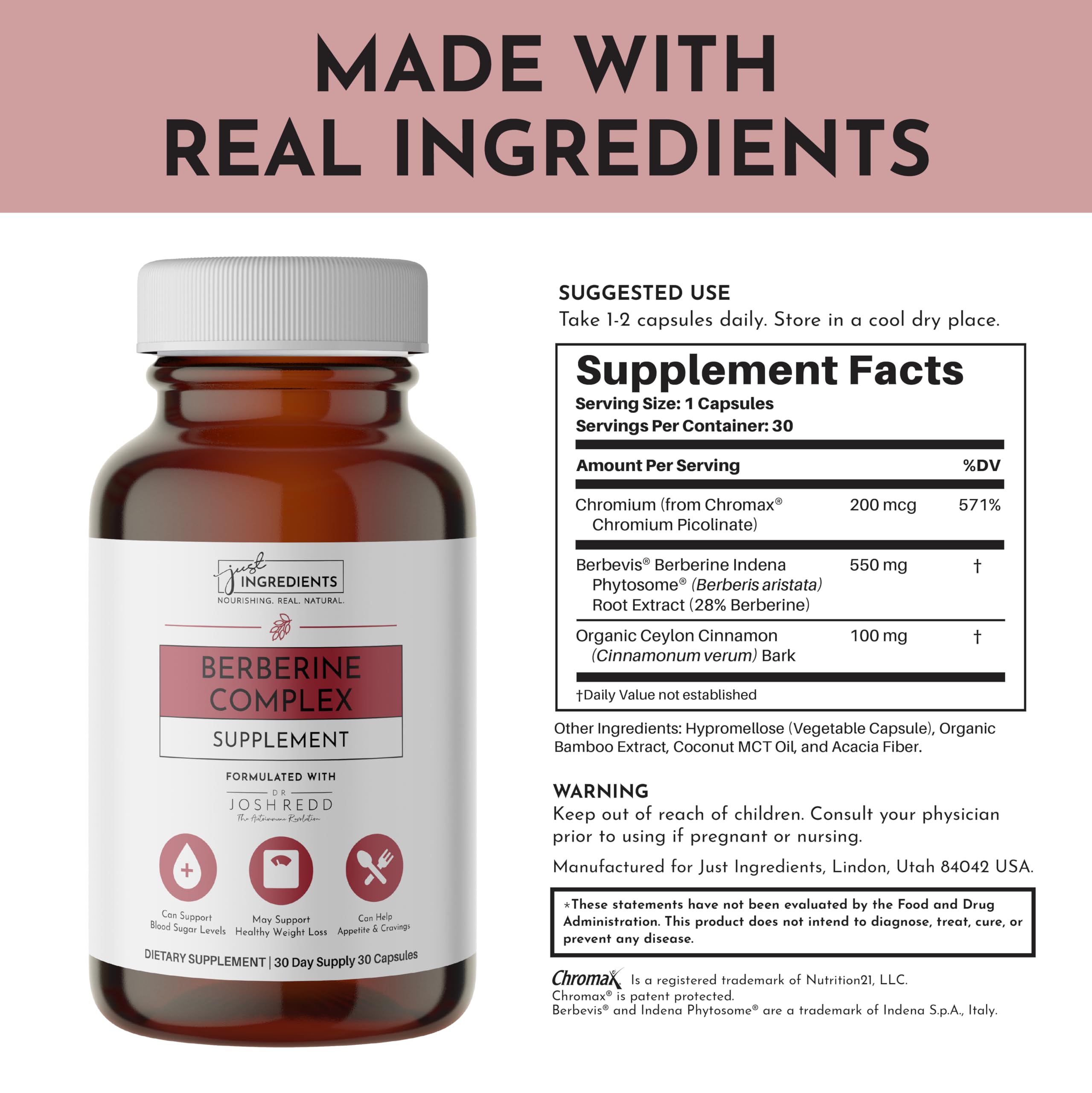 Étiquette transparente JUST INGREDIENTS Berberine montrant la traçabilité des ingrédients.