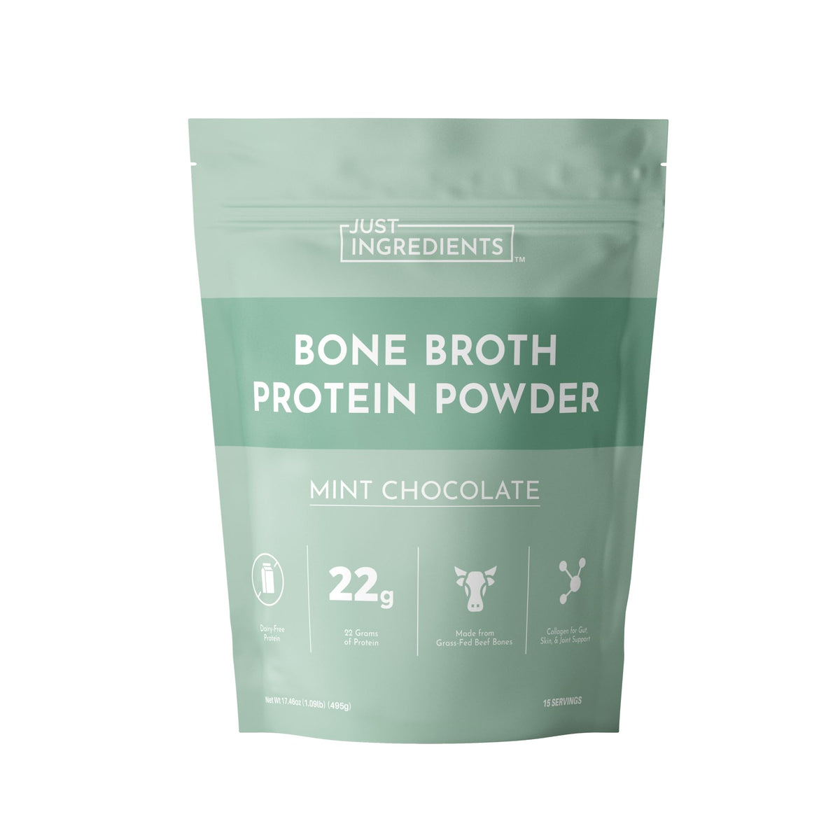 Just Ingredients bouillon-protéine menthe-chocolat en bouteille, parfait pour shakes matinaux.