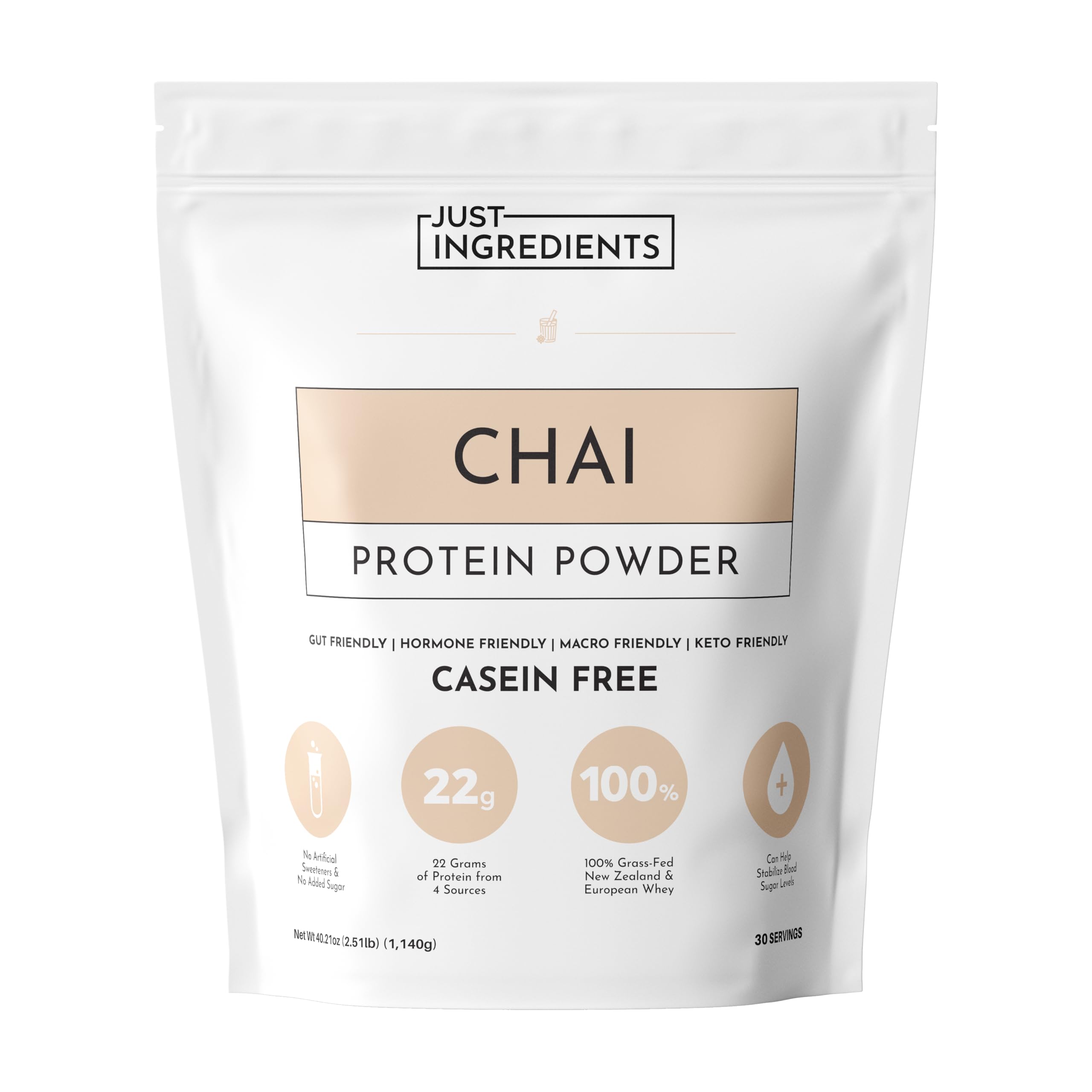 Just Ingredients chai-protéine en poudre dans son emballage, idéal pour shakes protéinés après l'effort.