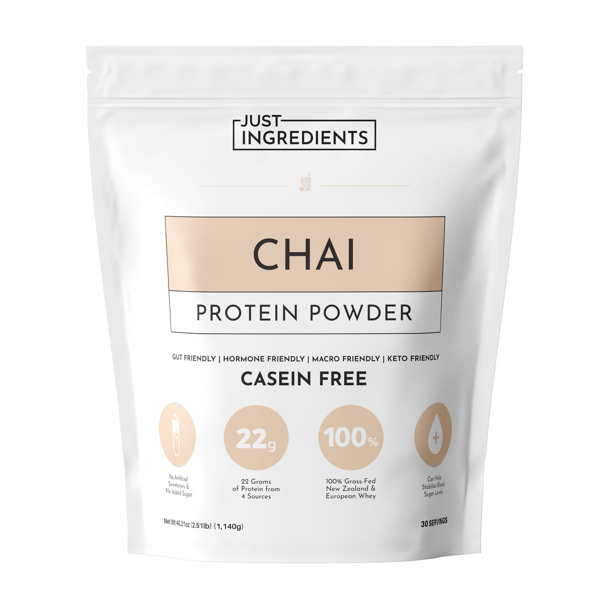 Just Ingredients chai-protéine en poudre dans son emballage, idéal pour shakes protéinés après l'effort.