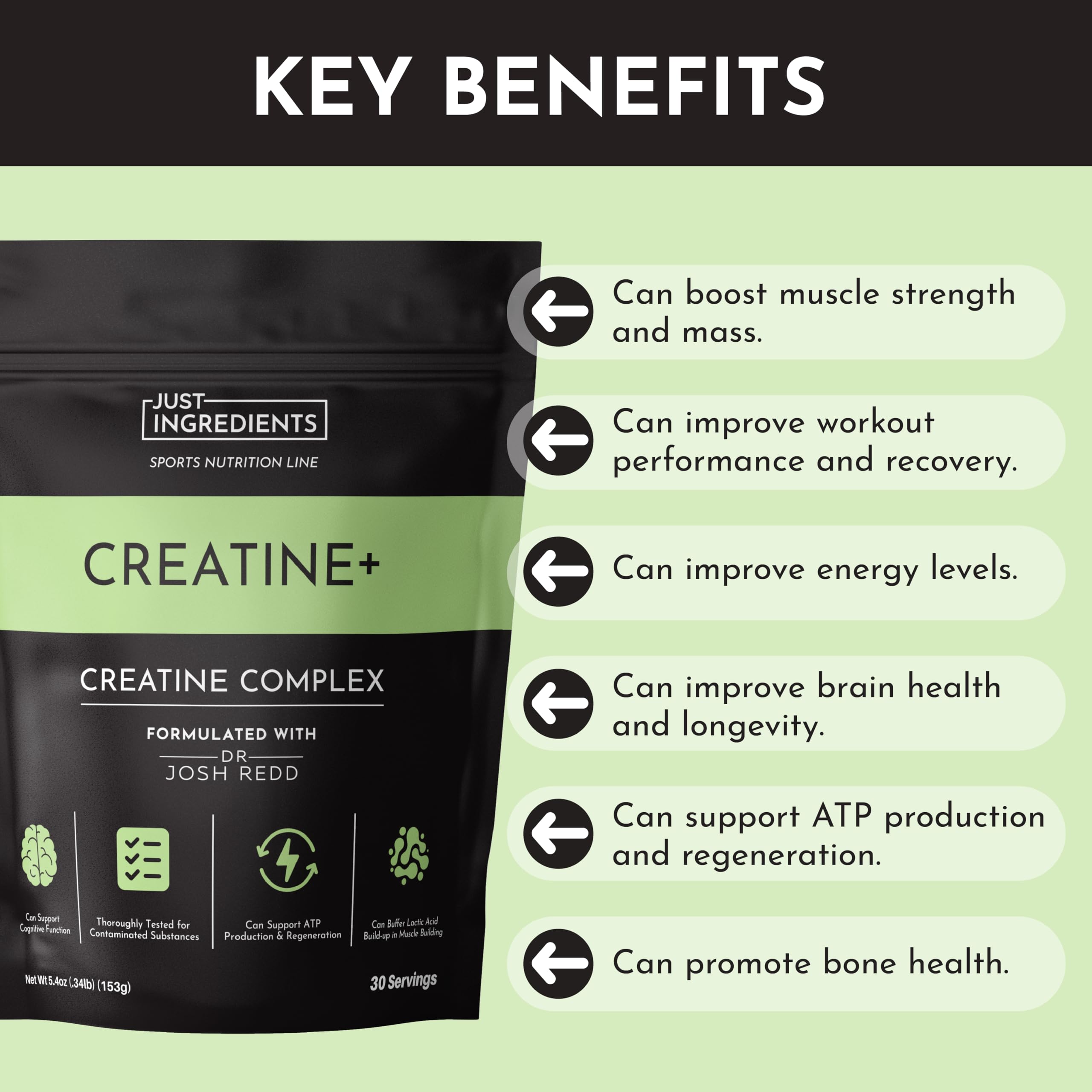 JUST INGREDIENTS Creatine Monohydrate, récupération musculaire possible après séance intense.