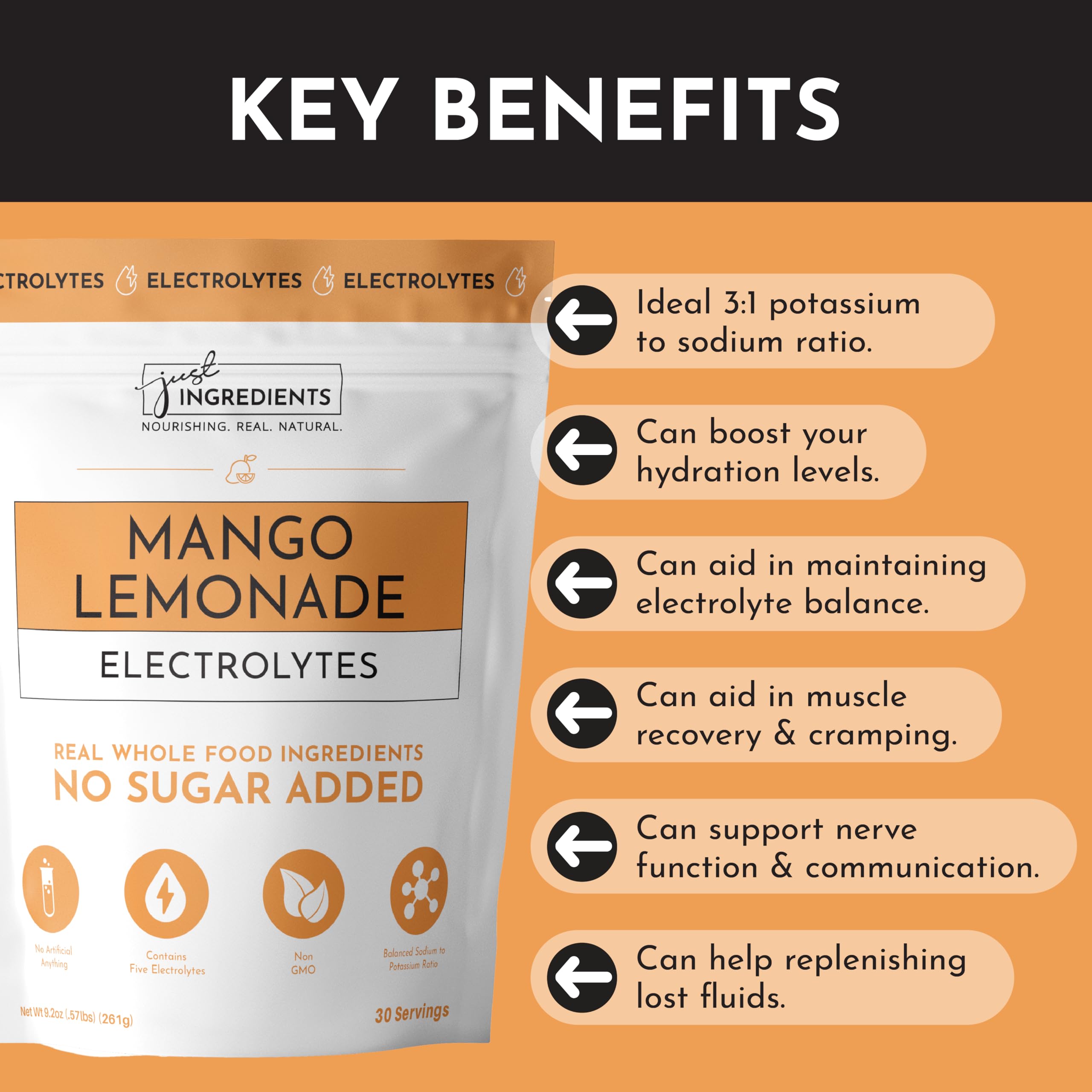 JUST INGREDIENTS Mango Lemonade : Eau de coco et minéraux pour soutenir l'effort actif.