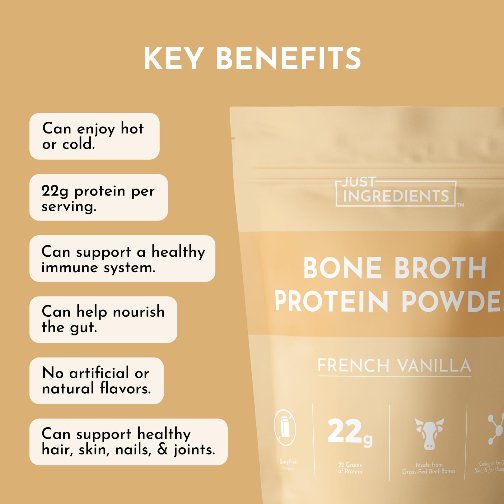 Just Ingredients Emballage bouillon os vanille produit sans lait et sans additifs