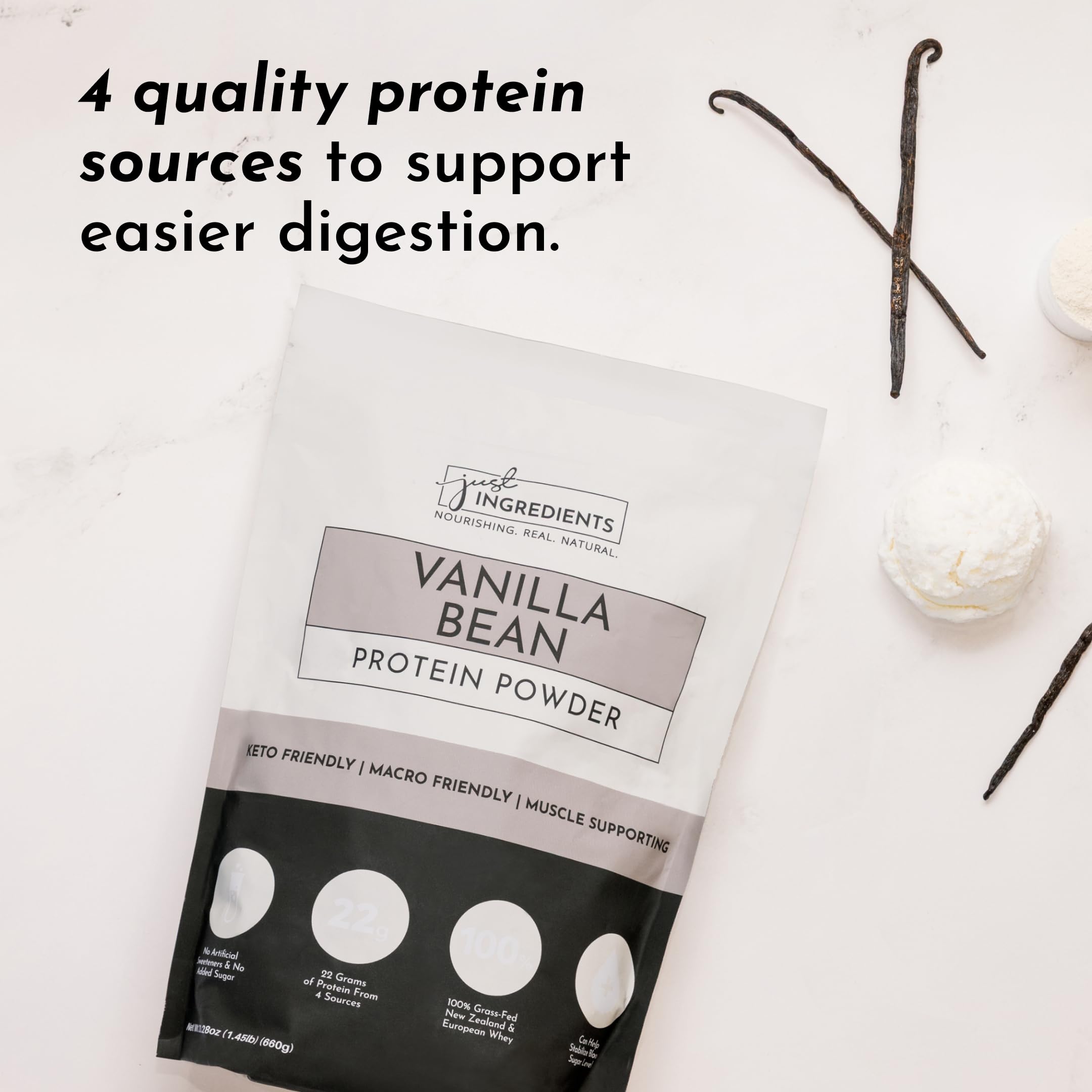 JUST INGREDIENTS Étiquette sans additifs artificiels et sans colorants.