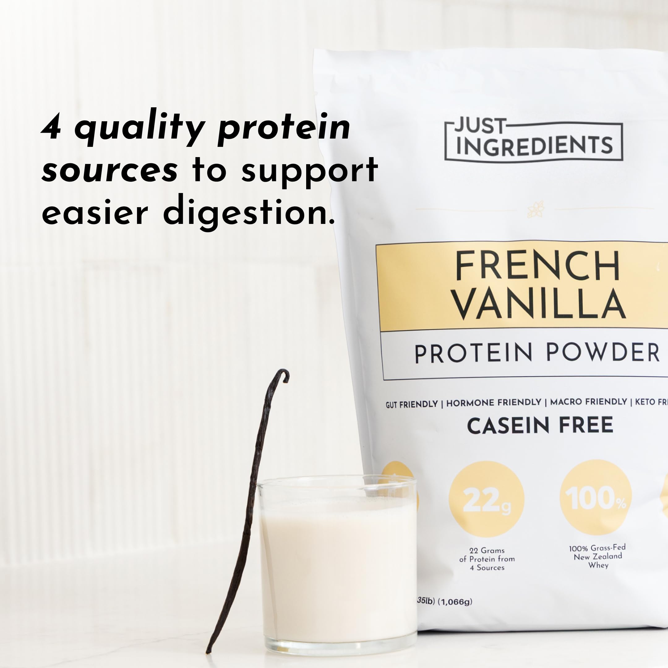 JUST INGREDIENTS étiquette indiquant sans gluten et sans OGM pour une nutrition simple.