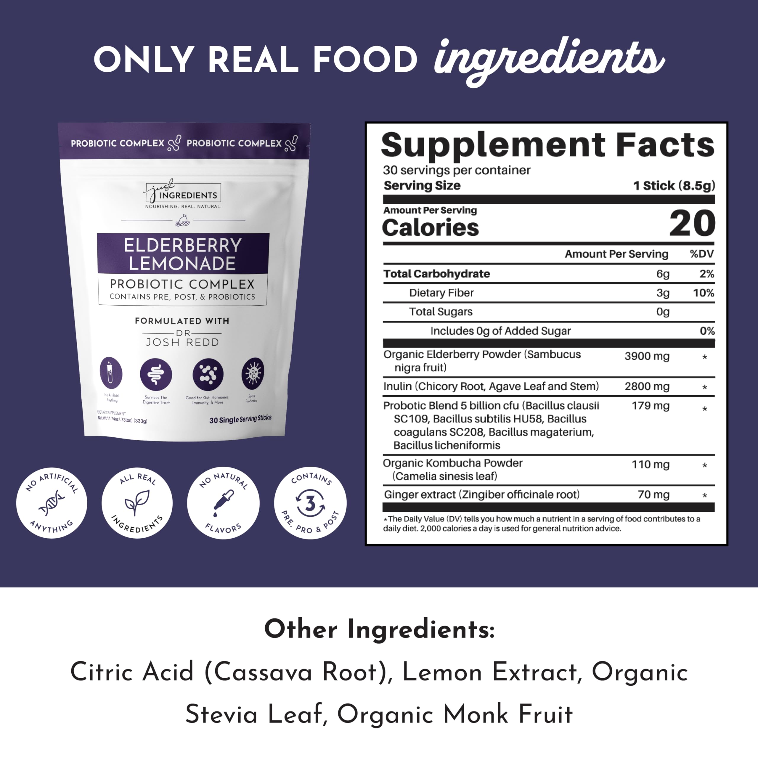 JUST INGREDIENTS Étiquette transparente – vegan, sans artificiels ni gluten.