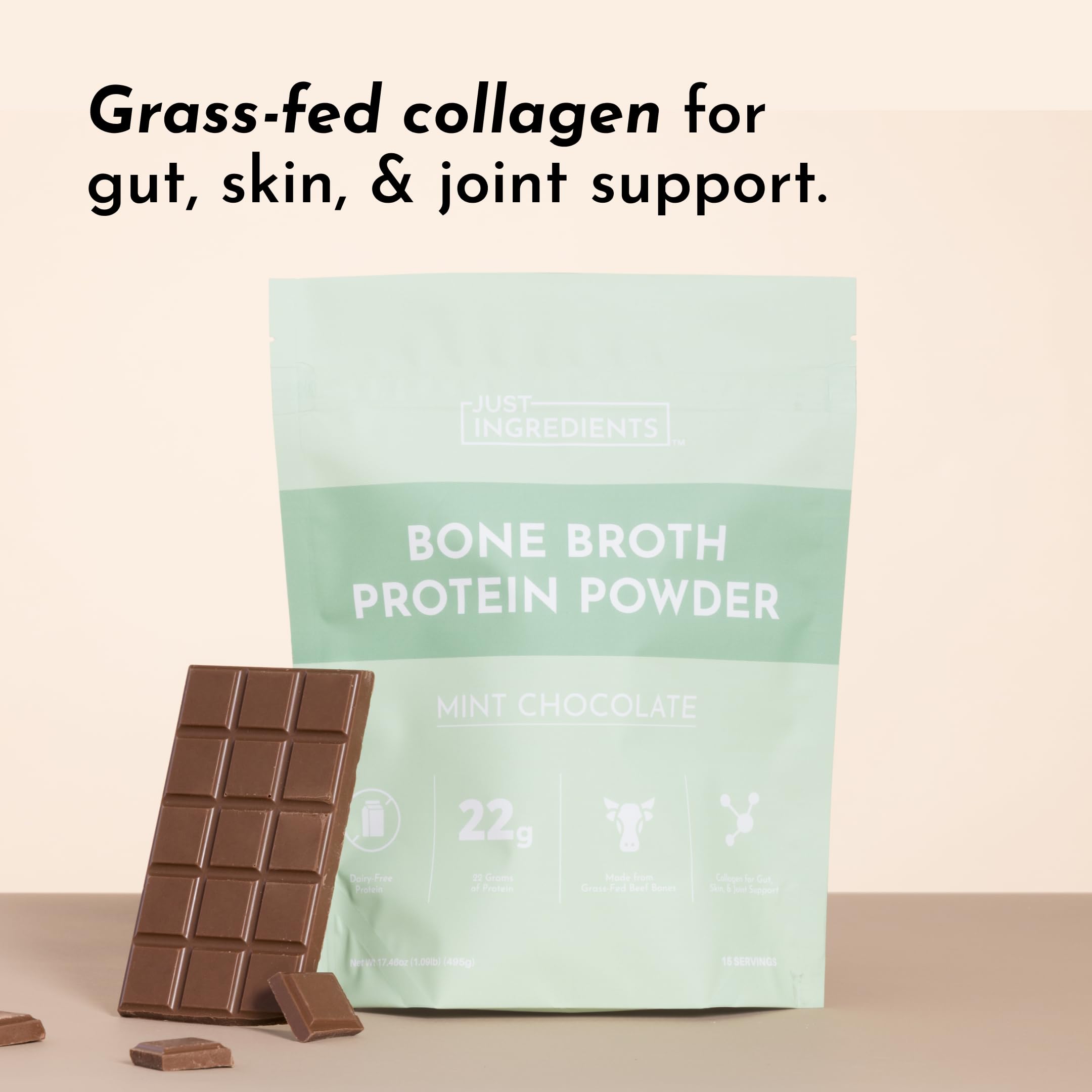 Just Ingredients goût menthe-chocolat pour bouillon protéine, expérience gourmande et nutritive.