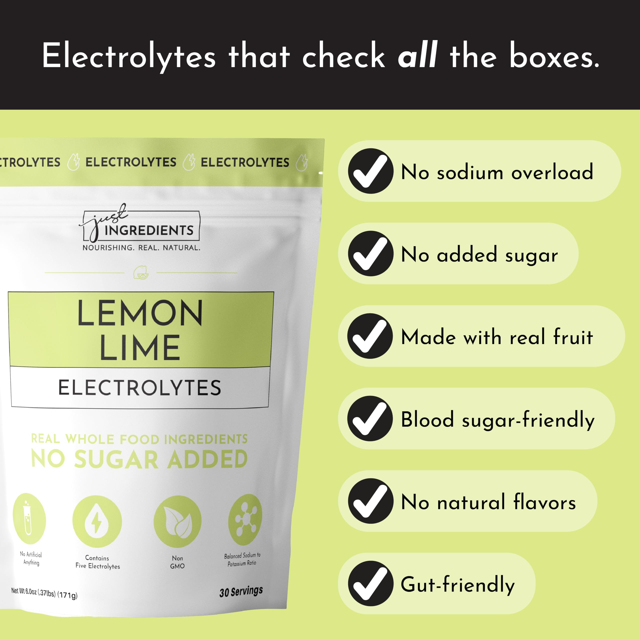 JUST INGREDIENTS Lemon Lime Electrolytes – étiquette claire, ingrédients sans artificiels