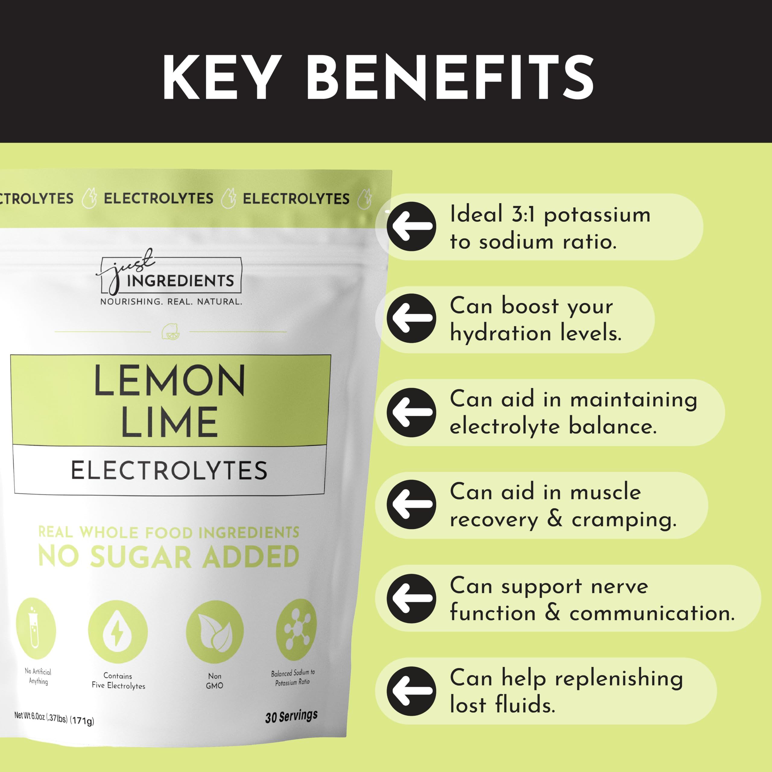 JUST INGREDIENTS Lemon Lime Electrolytes – verre prêt, goût citron lime rafraîchissant