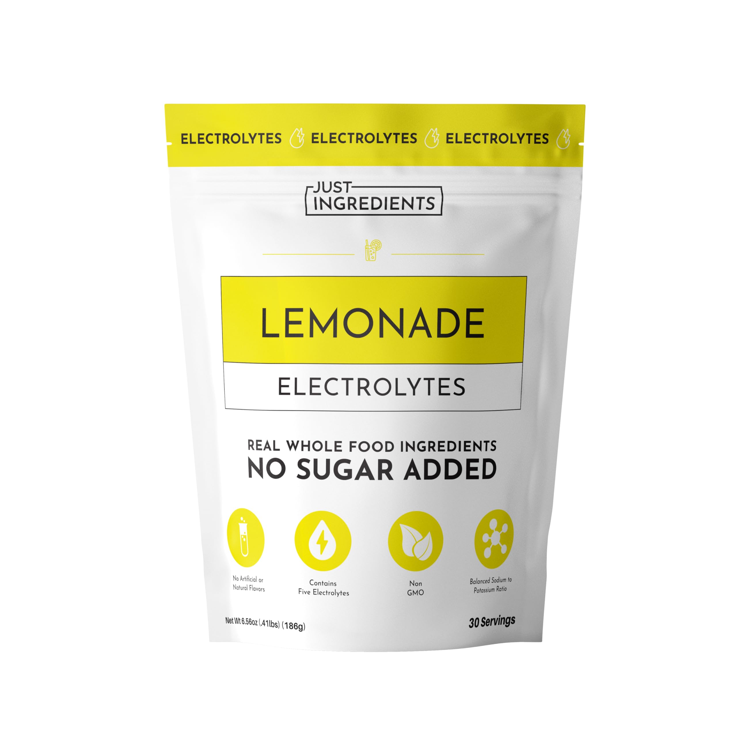 JUST INGREDIENTS limonade-électrolytes bouteille et étiquette, hydratation pratique