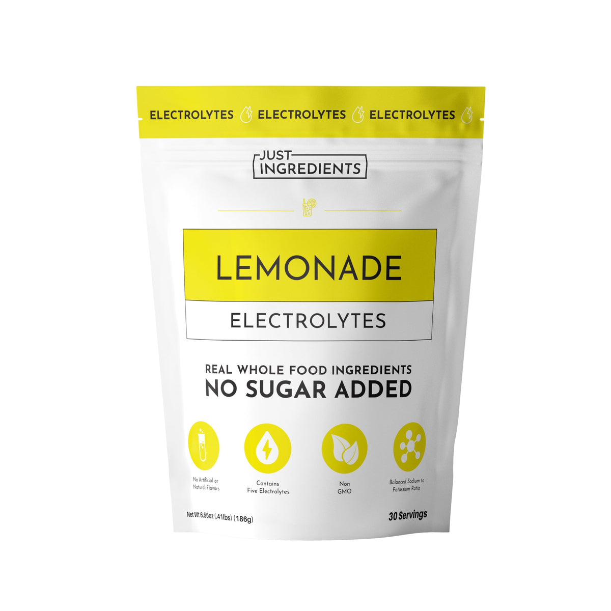 JUST INGREDIENTS limonade-électrolytes bouteille et étiquette, hydratation pratique