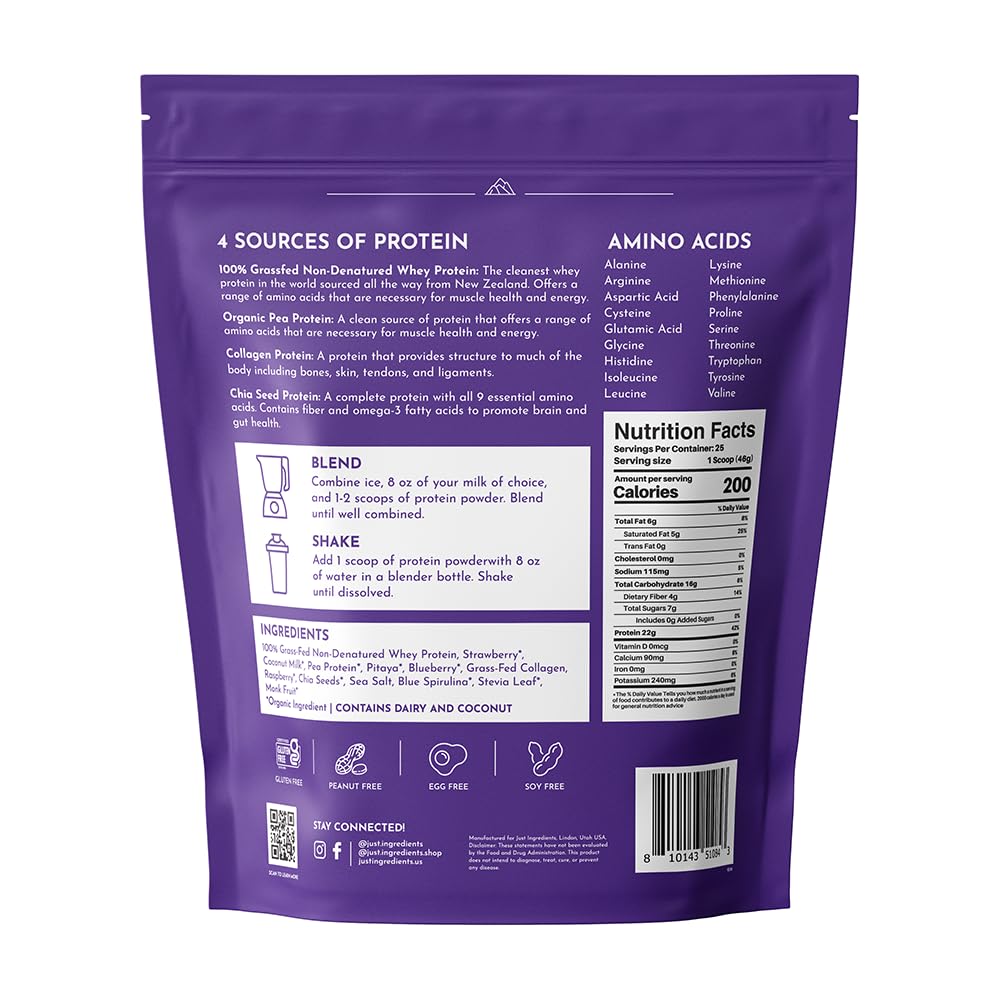 Just Ingredients Mountain Berry Protein Powder — shaker prêt à mélanger pour shakes protéinés