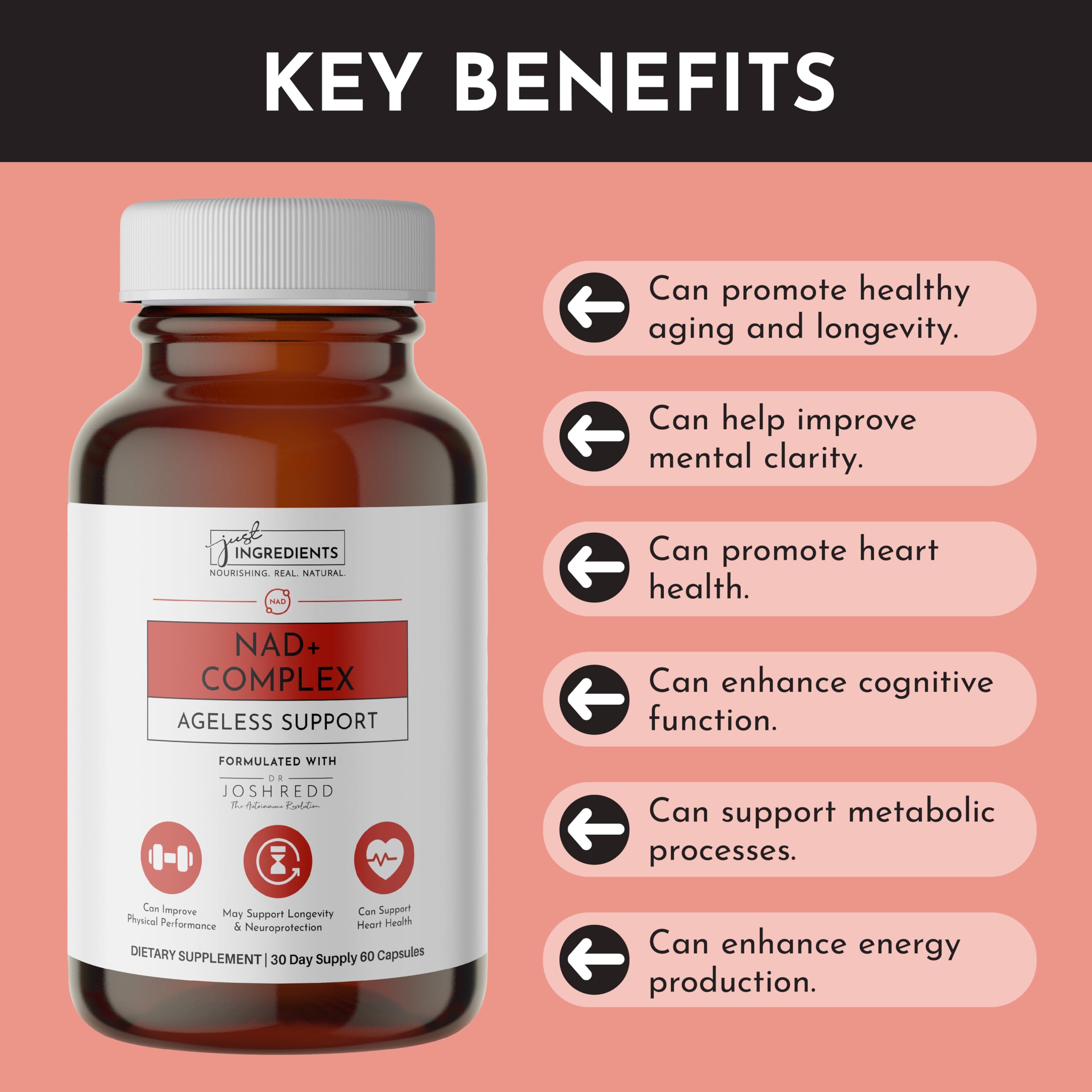 Just Ingredients NAD+ betterave bio pour soutien vasculaire et énergie naturelle