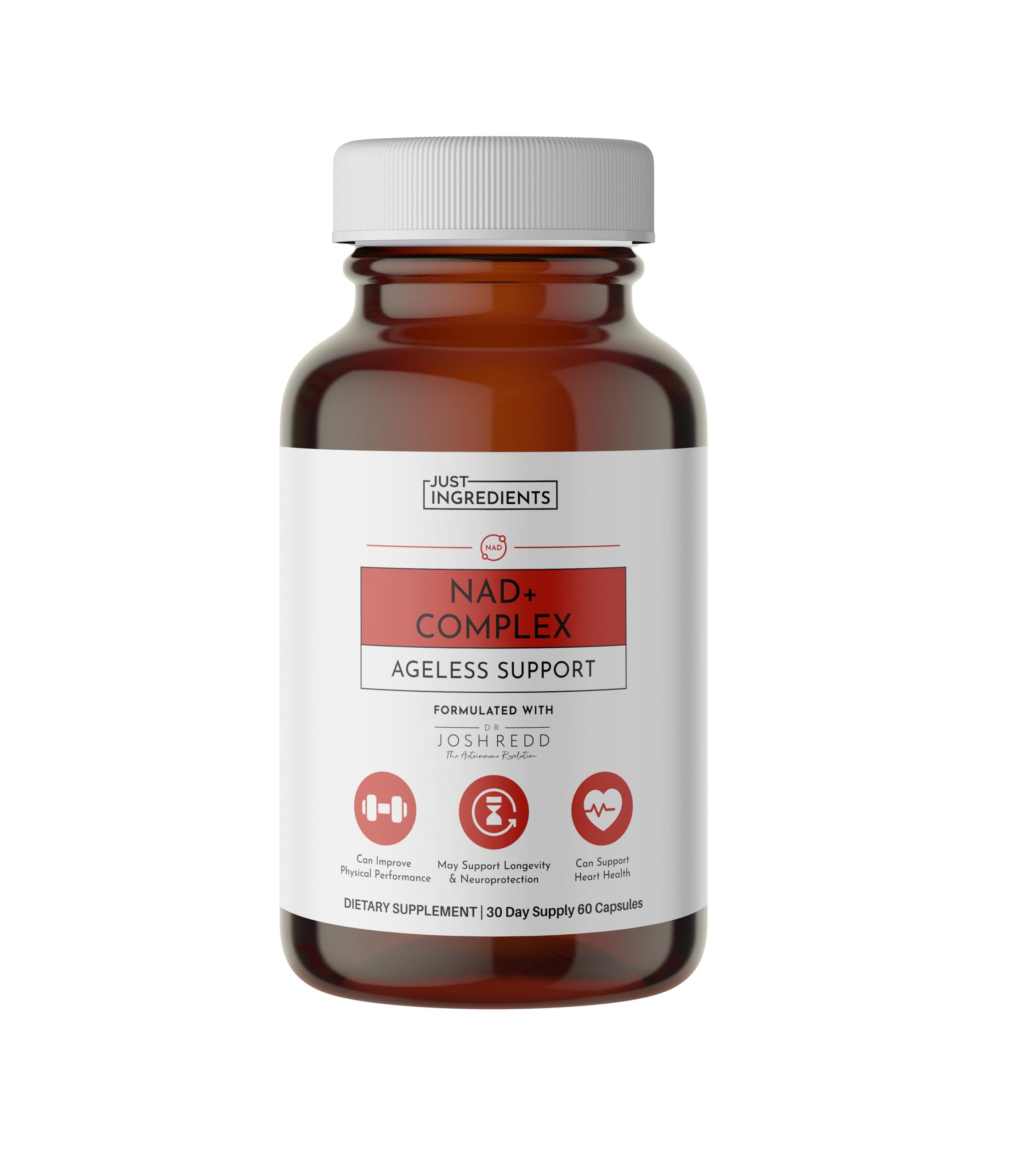 Just Ingredients NAD+ capsules dans un flacon, pour énergie quotidienne et routine saine