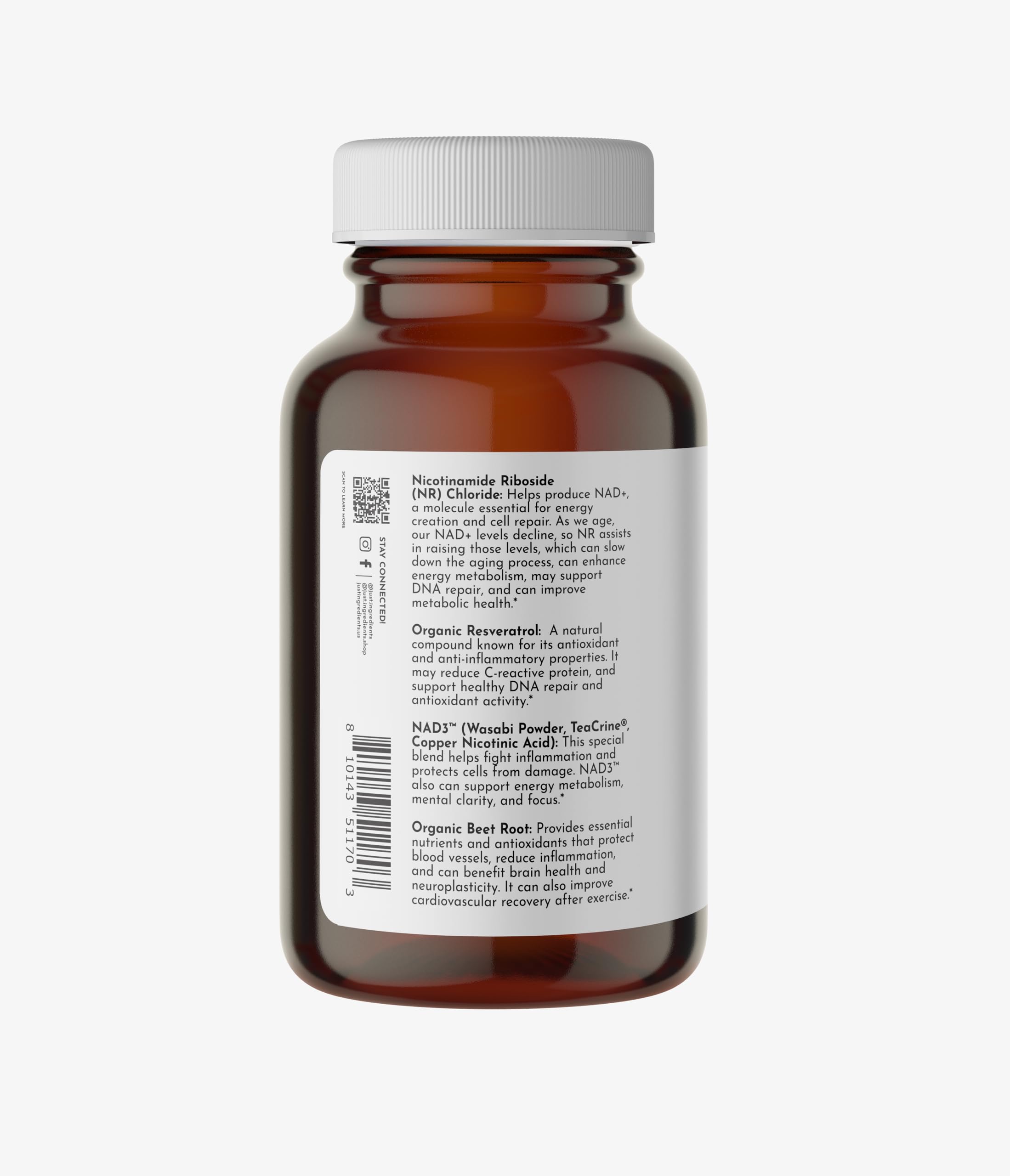 Just Ingredients NAD+ avec composition en nicotinamide riboside pour vitalité cellulaire