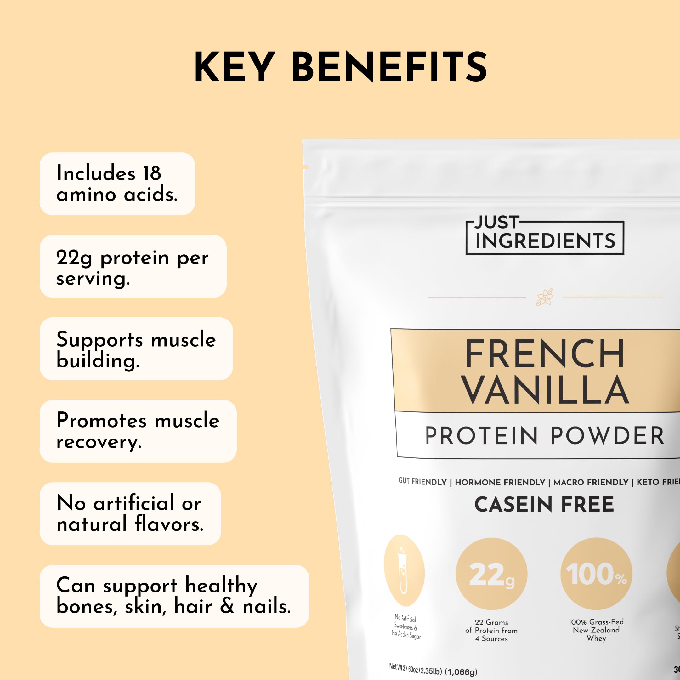 JUST INGREDIENTS sachet ouvert avec cuillère, pratique pour un ajout protéiné quotidien.