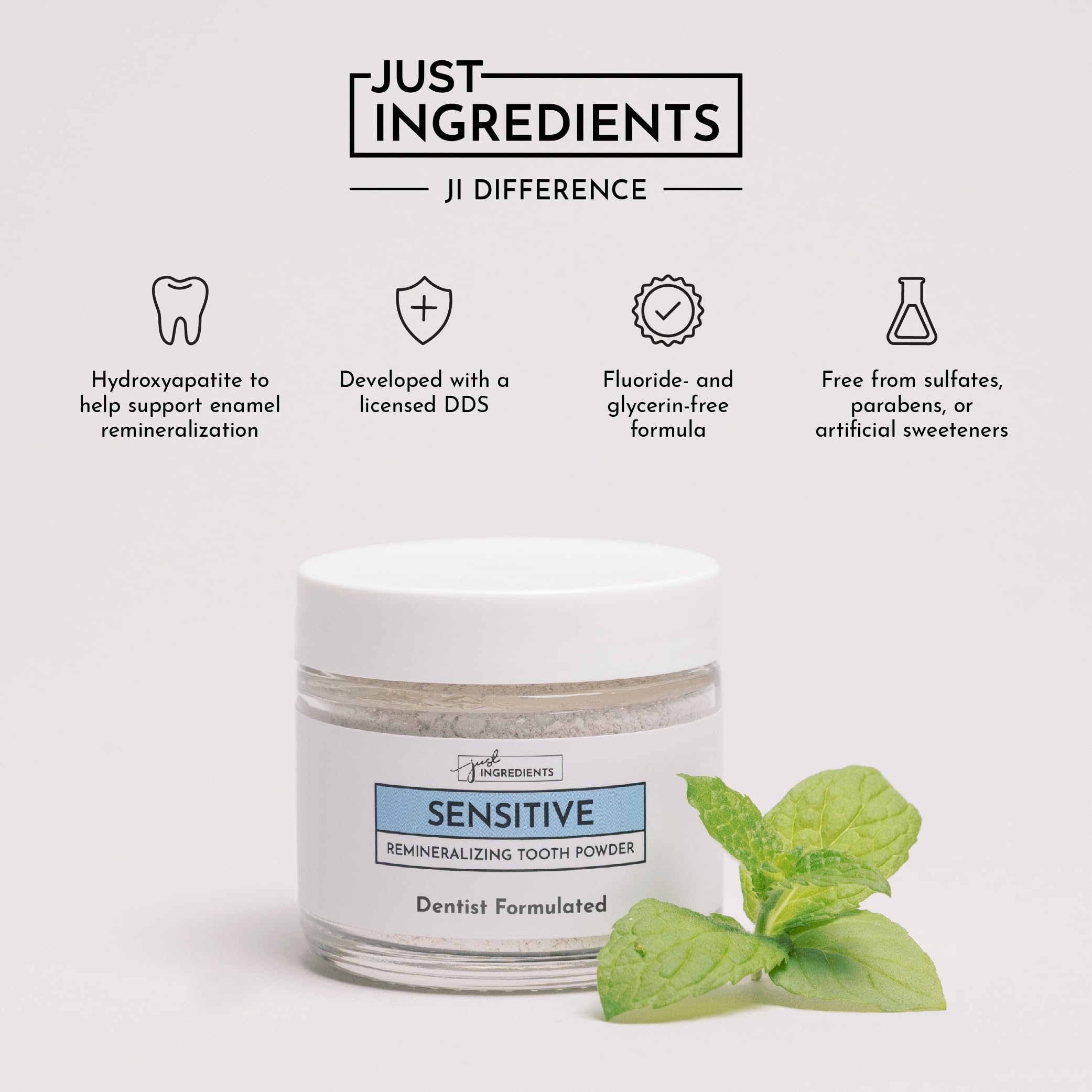 JUST INGREDIENTS Poudre pour dents sans fluorure, alternative douce au dentifrice.