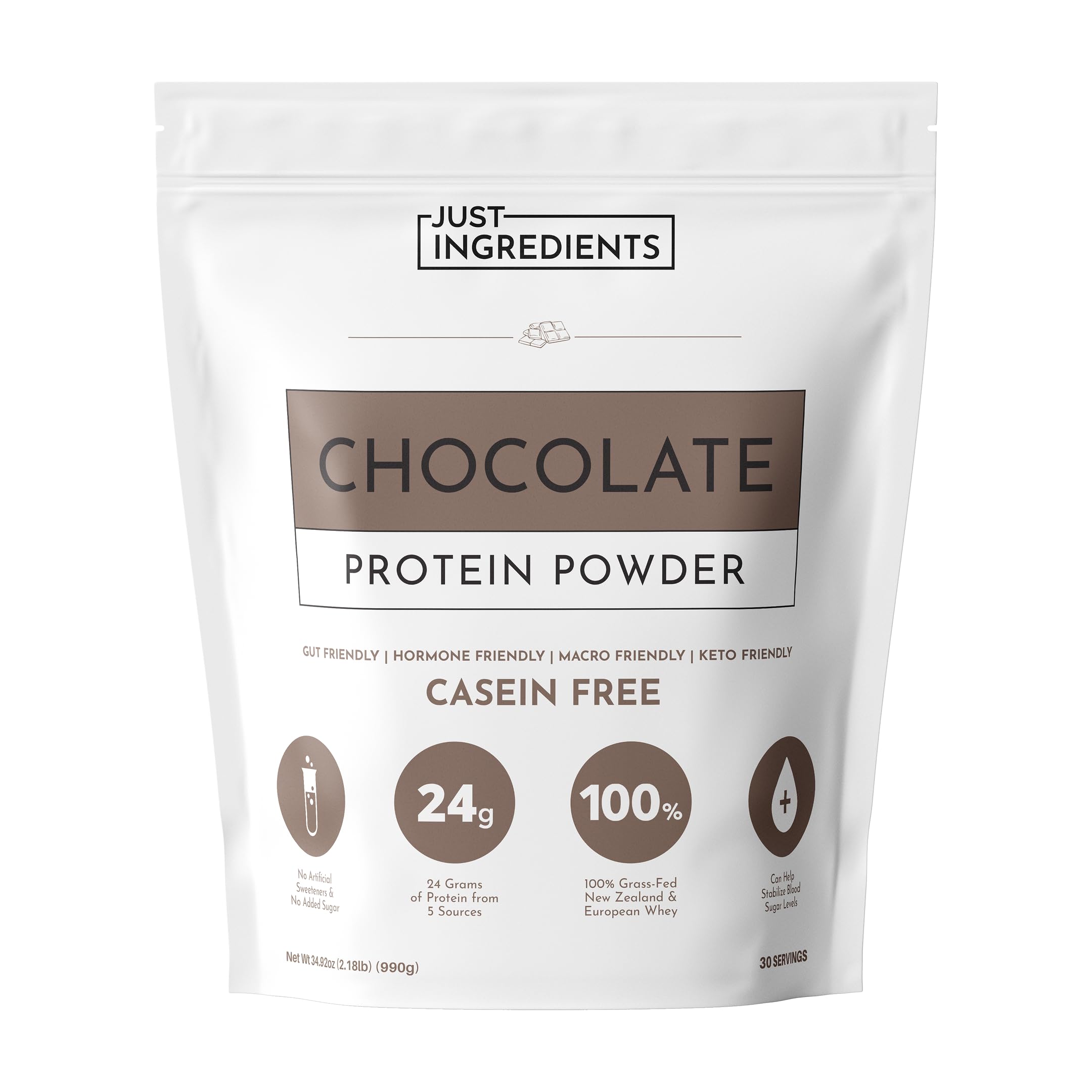 Poudre protéinée chocolat de JUST INGREDIENTS, saveur cacao riche et étiquette claire.
