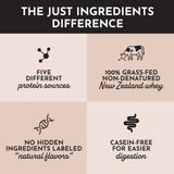 Ingrédients transparents JUST INGREDIENTS poudre protéine chocolat, qualité pure.