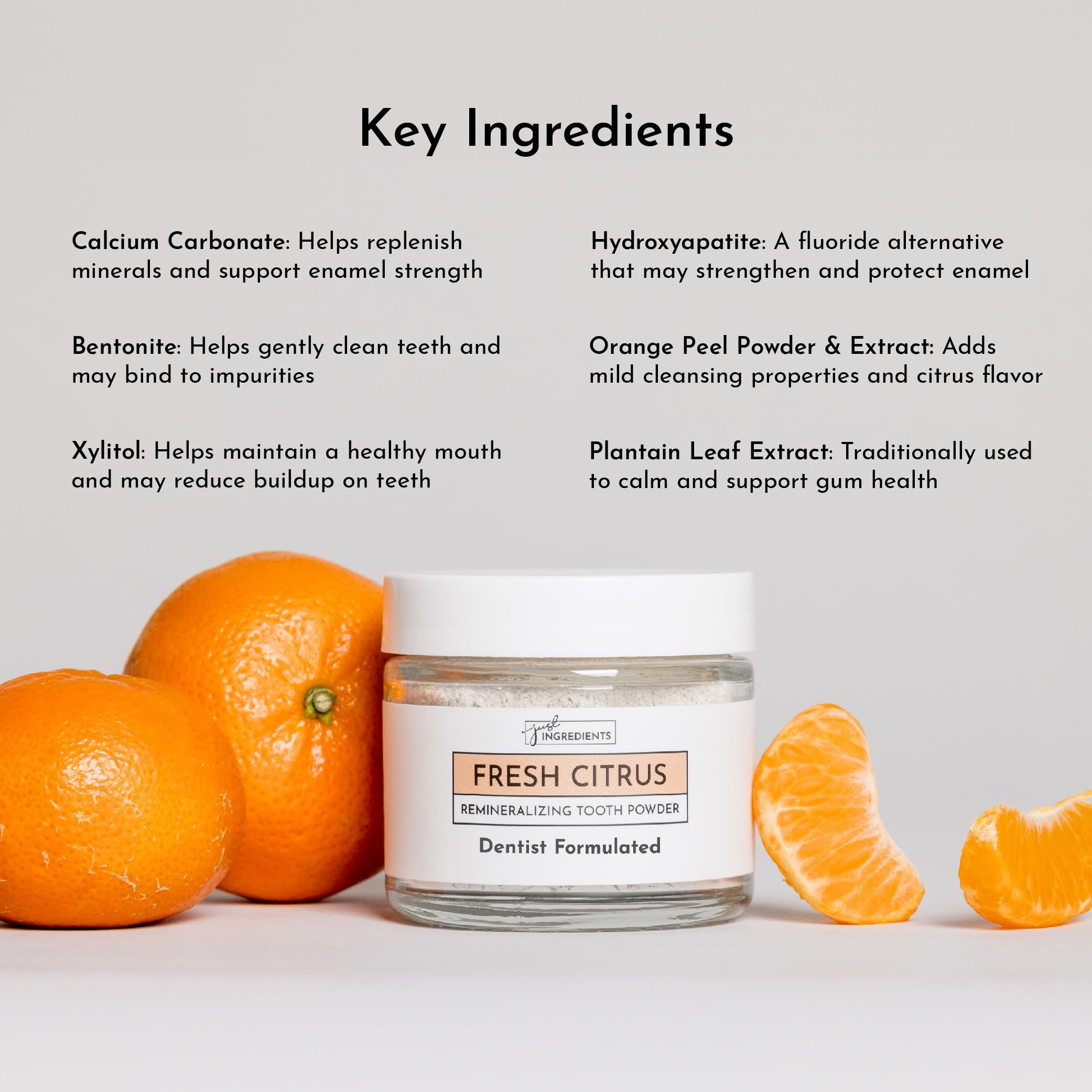 JUST INGREDIENTS poudre reminéralisante pour dents – brosse après nettoyage pour brillance naturelle.