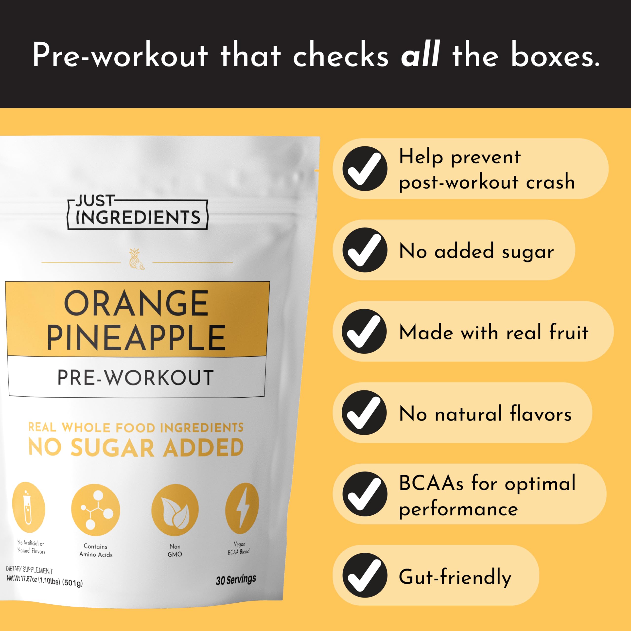 Doseur montrant le dosage sur Just Ingredients Pré-entraînement Orange Ananas.