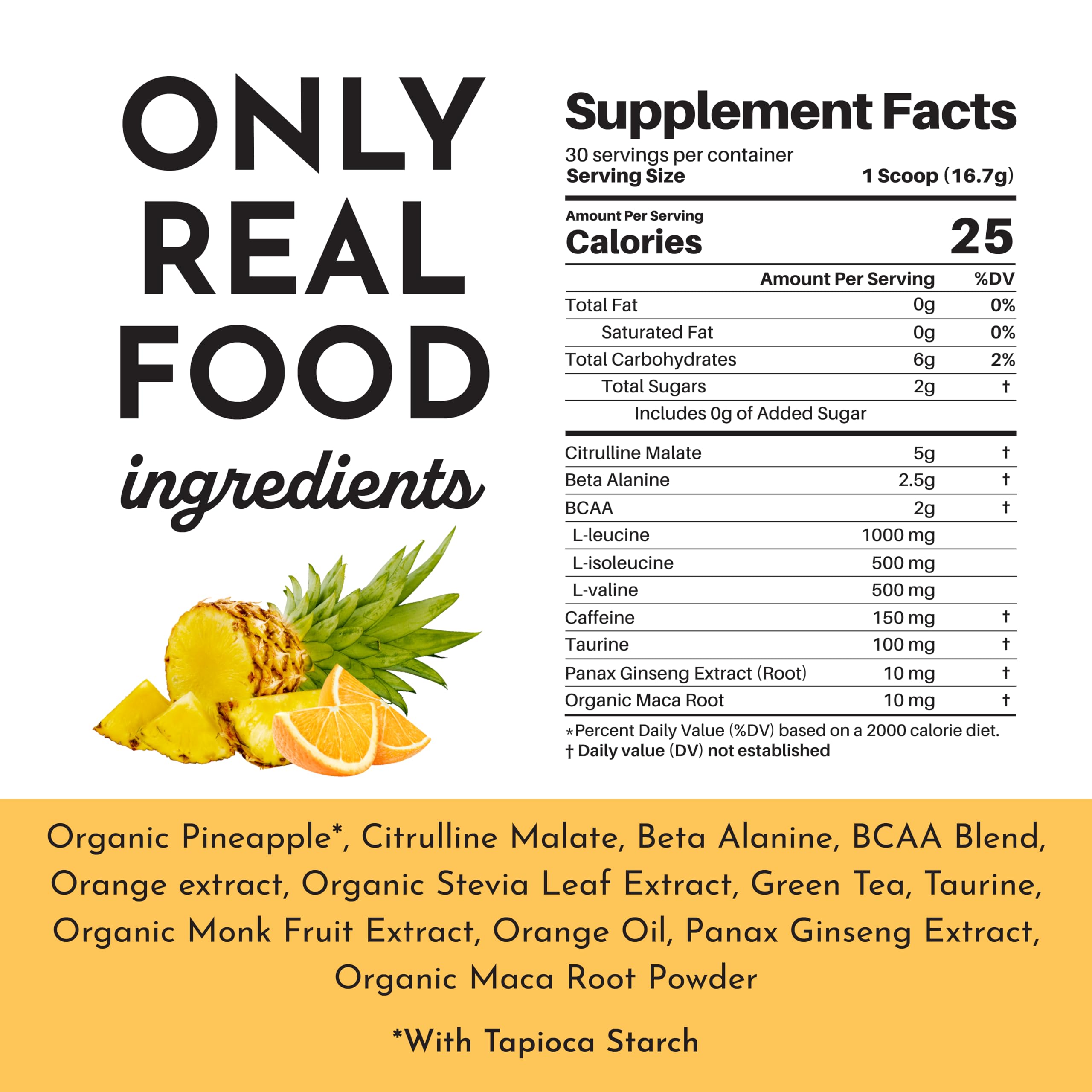 Étiquette nutritionnelle claire sur Just Ingredients Pré-entraînement, facilitant le choix.