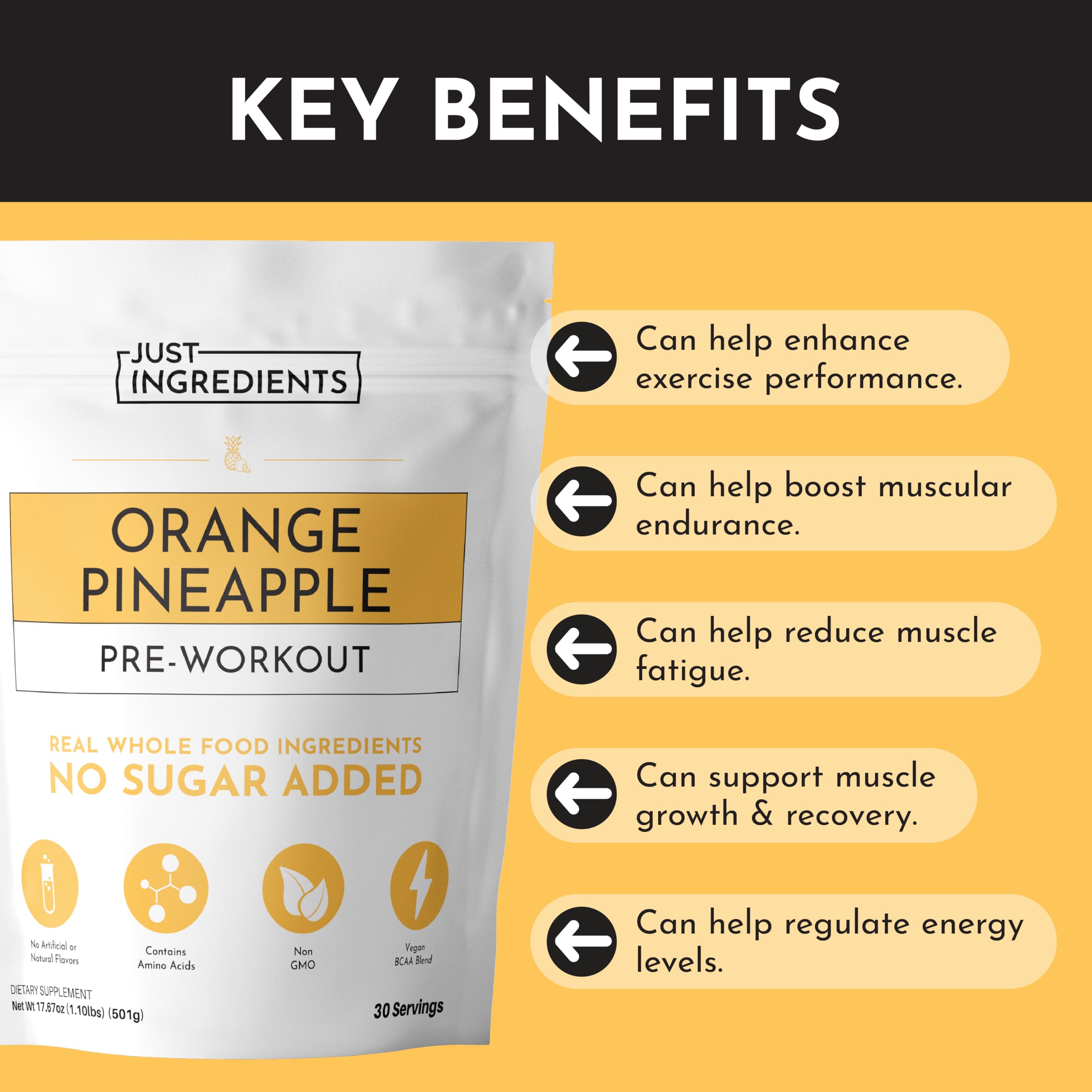 Goût fruité Orange Ananas perçu dans le flacon Just Ingredients Pré-entraînement, énergie agréable.
