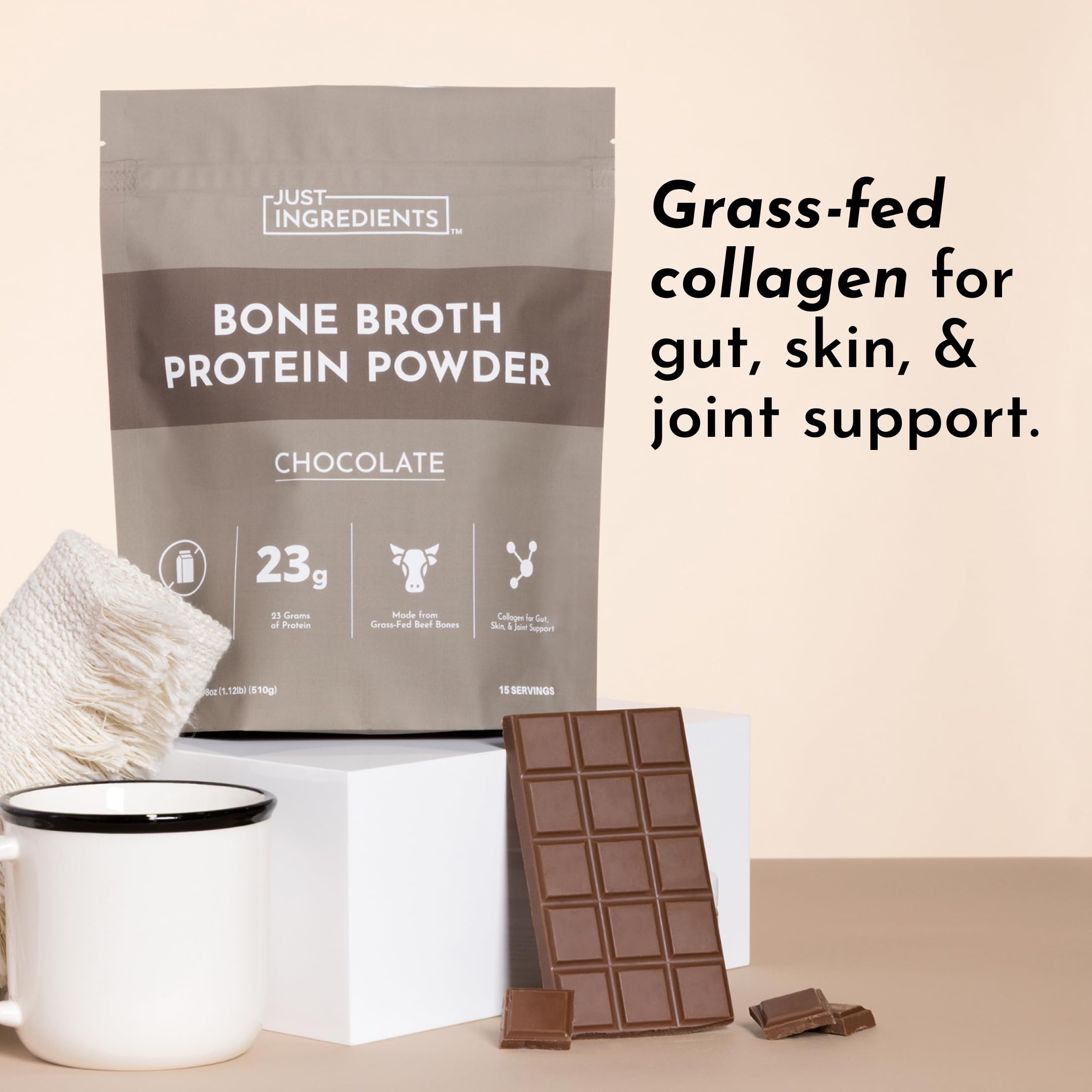 JUST INGREDIENTS Protéine Bouillon Os Chocolat – dose de 21 g pour vos apports quotidiens.