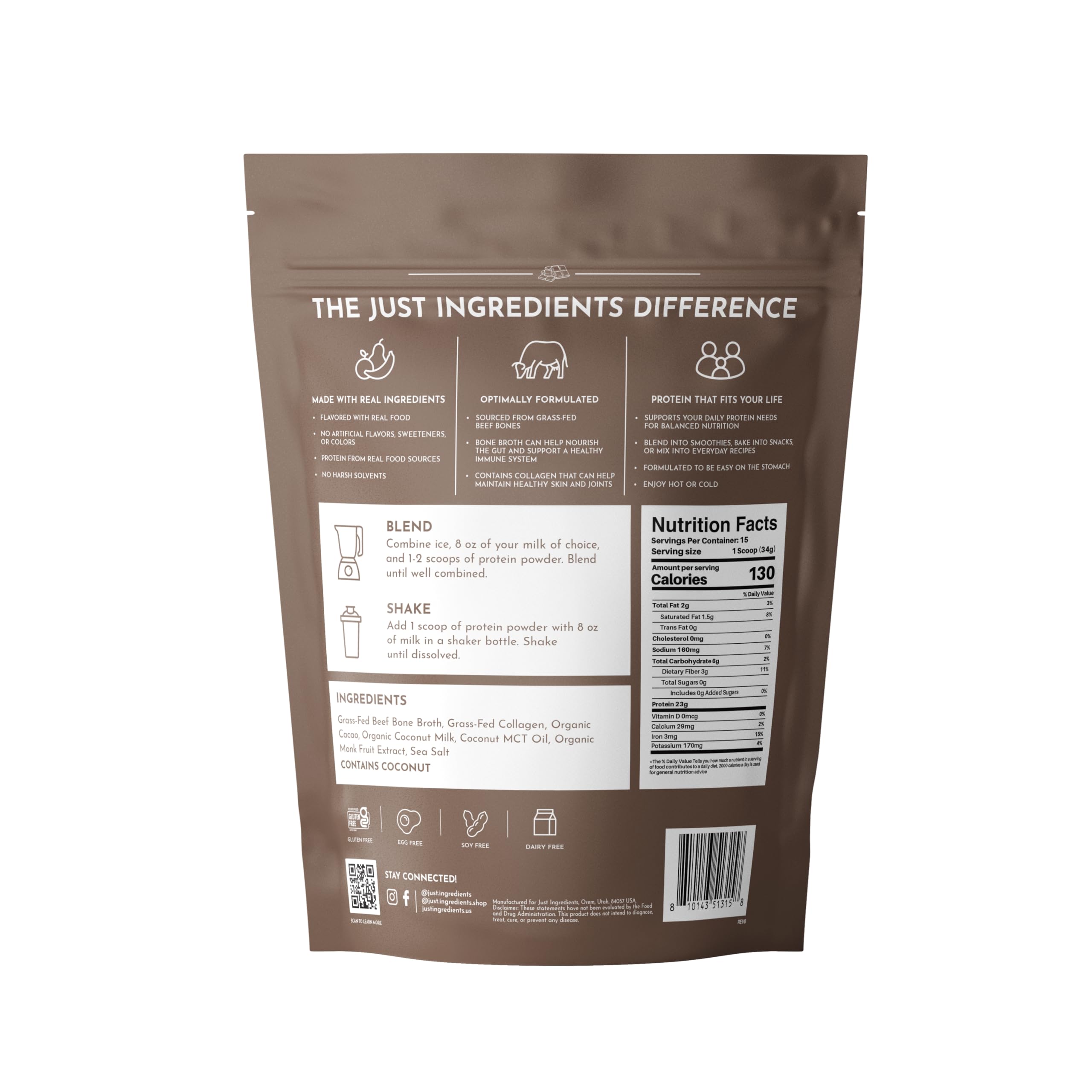 JUST INGREDIENTS Protéine Bouillon Os Chocolat – texture poudre fine prête à être mélangée.