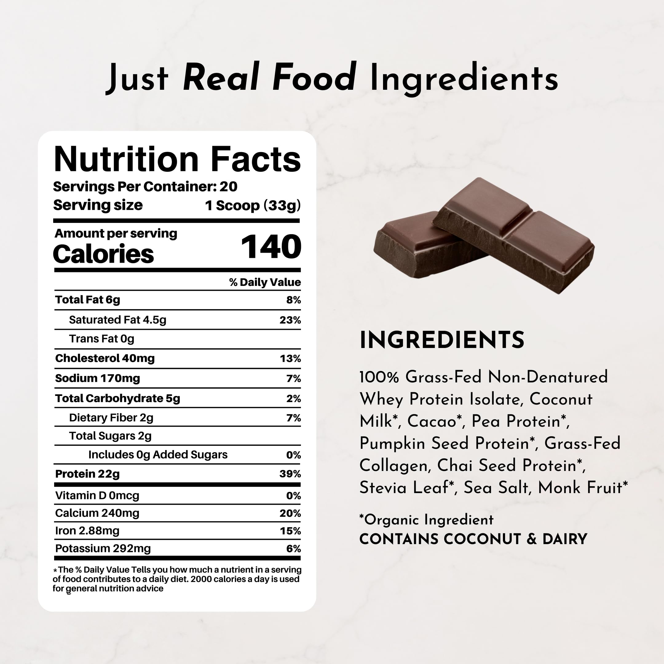 Just Ingredients Protéine Chocolat avec cuillère-dosage pour mesures précises et pratiques.