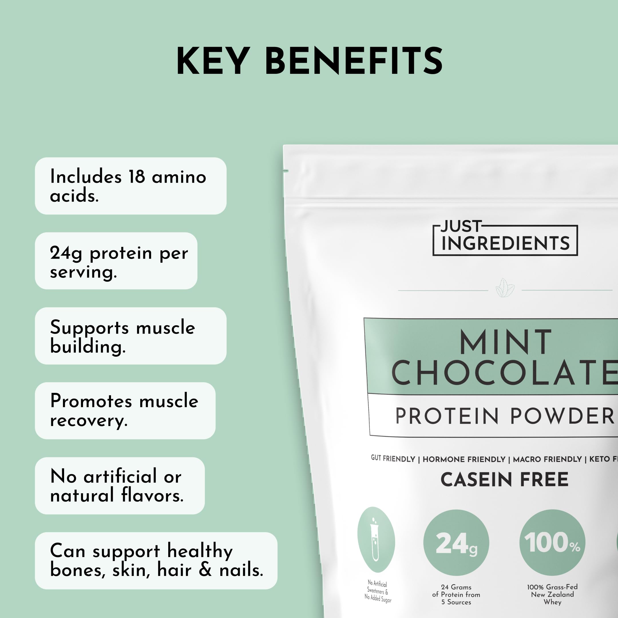 Just Ingredients protéine menthe-chocolat, étiquette sans gluten et sans OGM