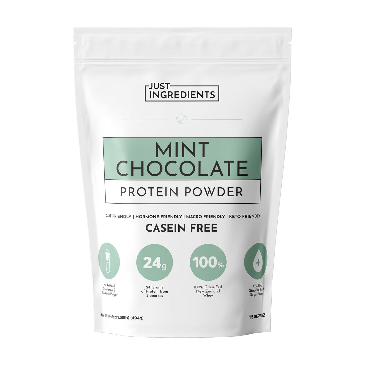 JUST INGREDIENTS Protéine Menthe-Chocolat en flacon, mélange facile et goût frais.
