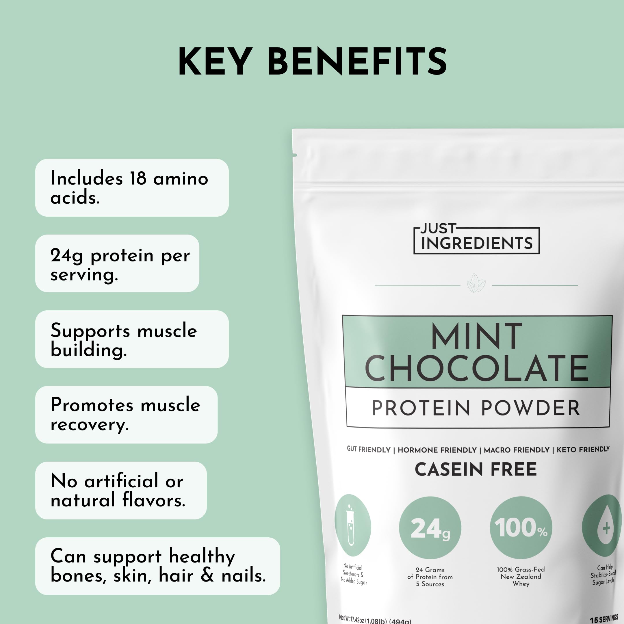 Protéine Menthe-Chocolat Just Ingredients mélangée au lait pour shake onctueux.