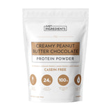 Just Ingredients protéine poudre, texture chocolat-beurre-arachide crème, idéale pour boissons protéinées et pâtisseries.