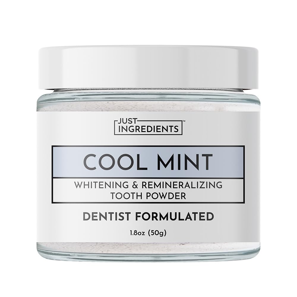 Just Ingredients Poudre Dentaire Réméralisante — pot frontal, brossage renforçant l'émail