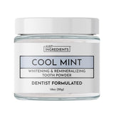 Just Ingredients Poudre Dentaire Réméralisante — pot frontal, brossage renforçant l'émail