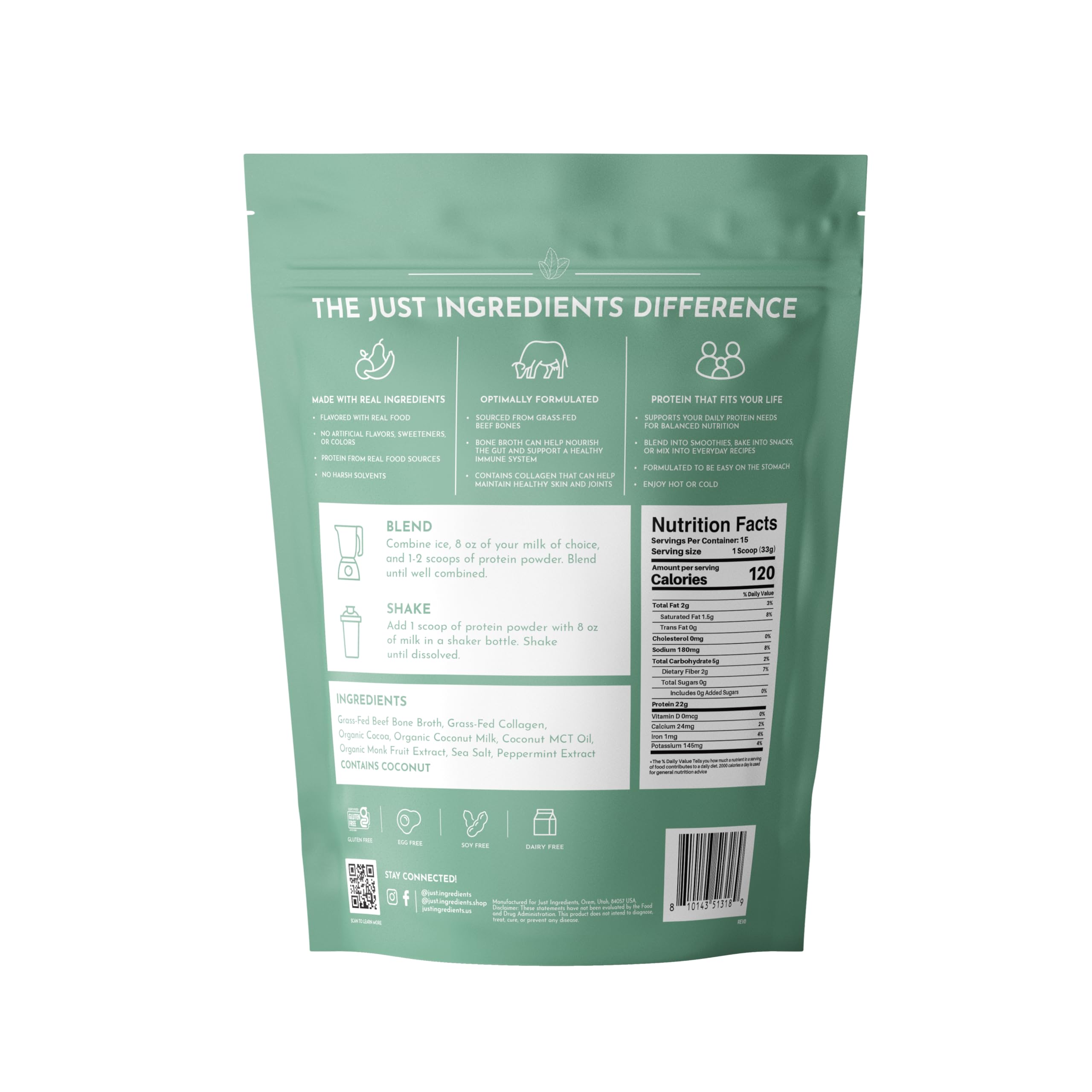 Just Ingredients poudre bouillon protéine menthe-chocolat en sachet pratique à emporter.