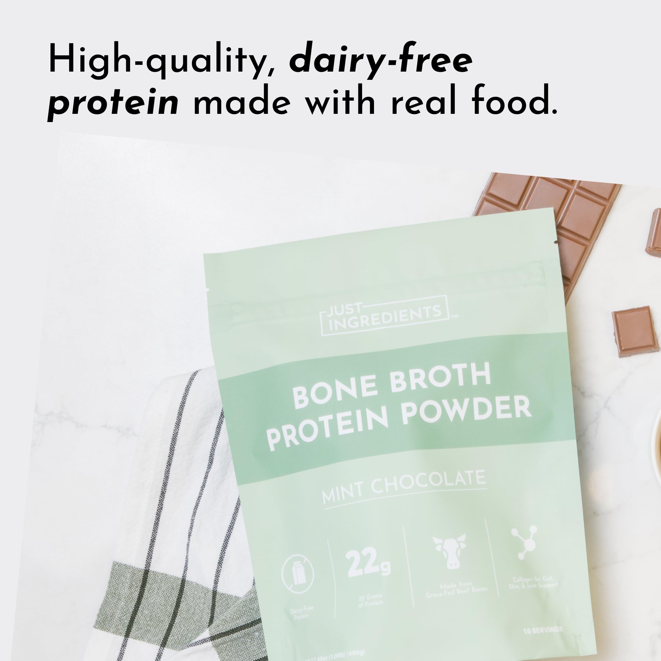Just Ingredients shake bouillon protéine menthe-chocolat, goût rafraîchissant et équilibré.