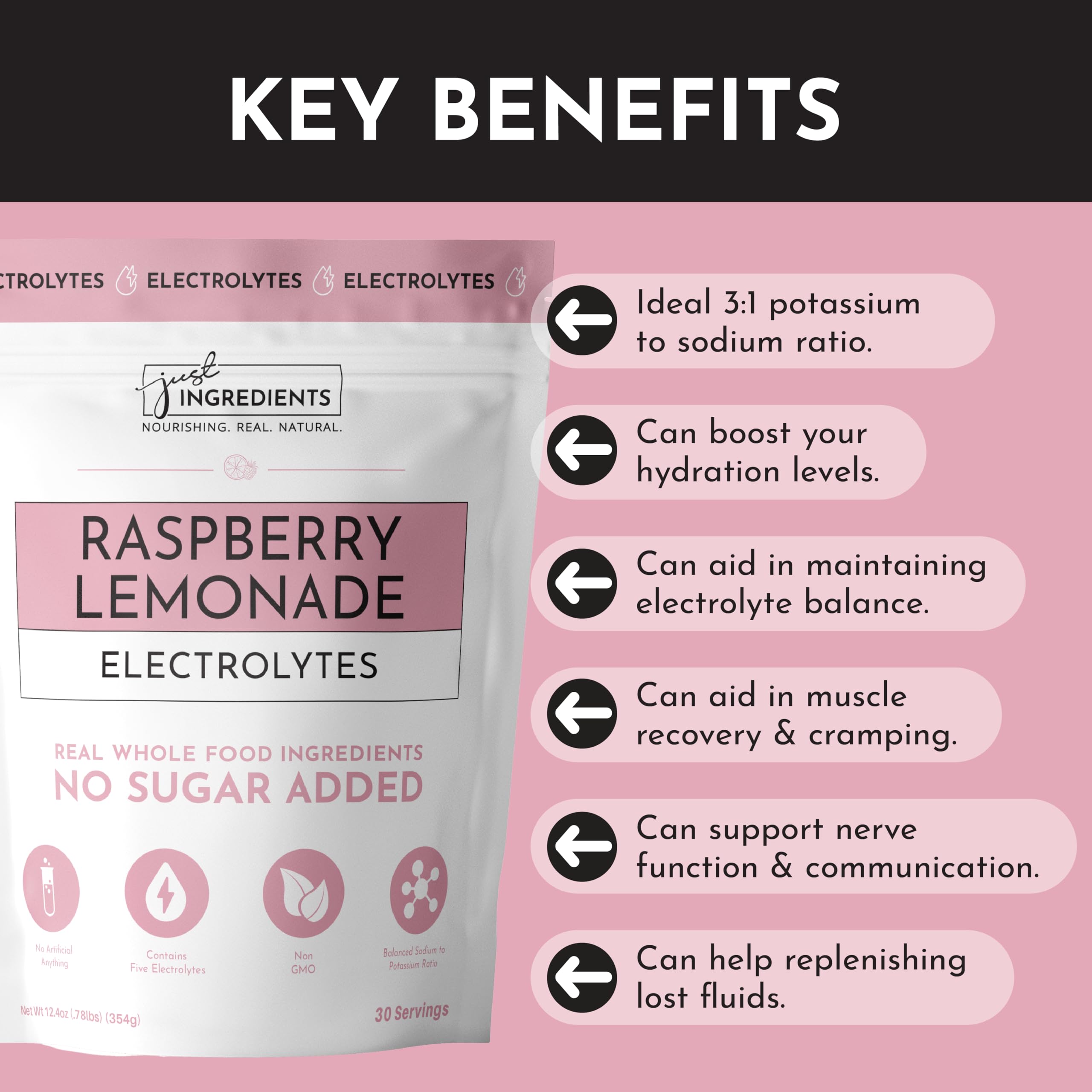 JUST INGREDIENTS verre montrant boisson électrolytes framboise-citron, goût rafraîchissant.